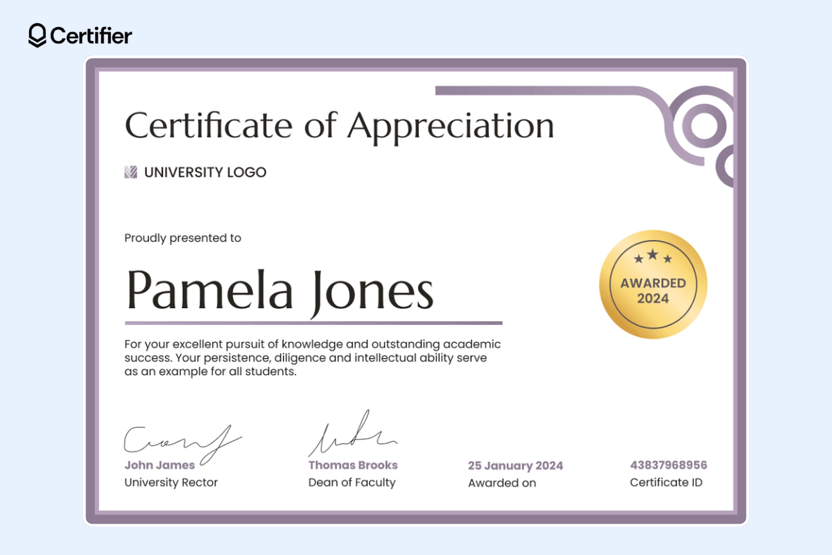 Certificate of appreciation template for the university, with the golden badge at the right and special places for signatures, date of issue, and certificate ID. Certificate of appreciation template for the university, with the golden badge at the right and special places for signatures, date of issue, and certificate ID.