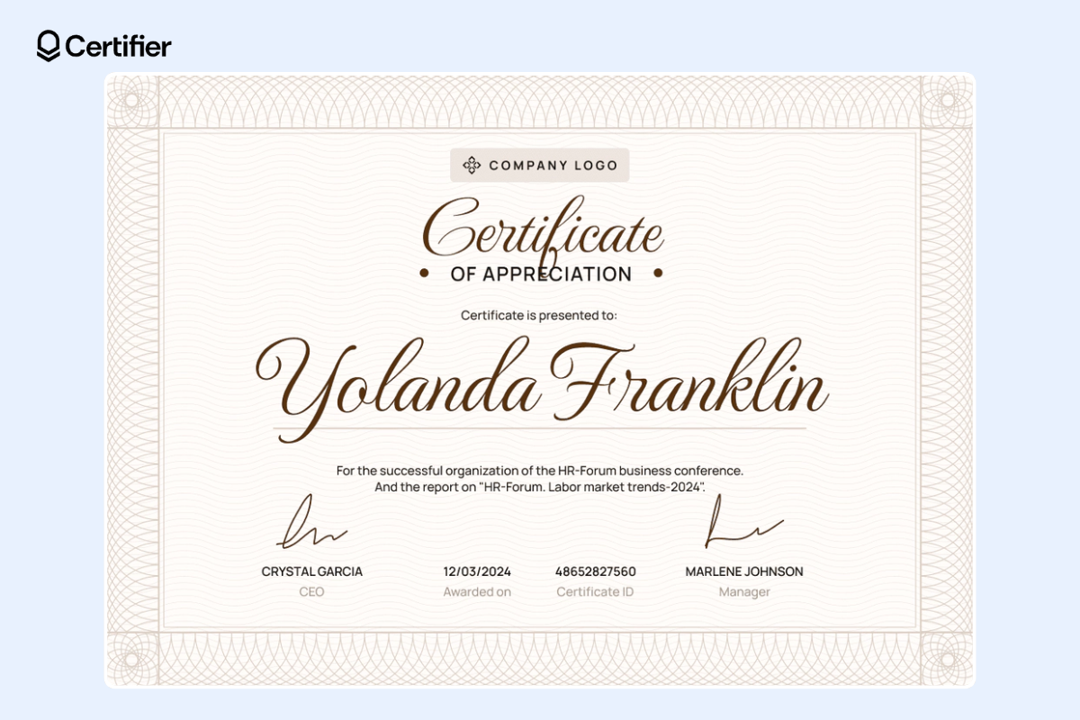 Beige traditional appreciation template for certificates with decorative borders. Beige traditional appreciation template for certificates with decorative borders.