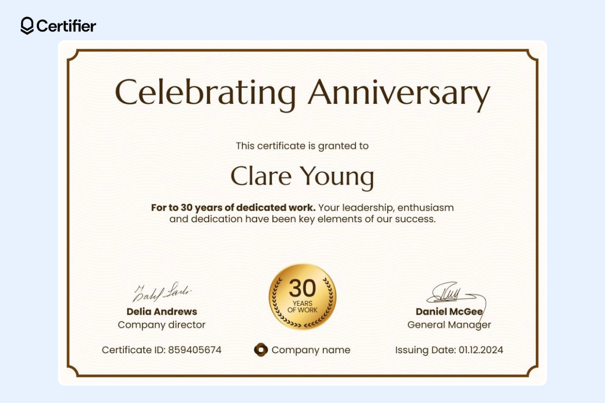 Beige certificate of appreciation template with golden badge at the center and places for signatures and the recipient’s name. Beige certificate of appreciation template with golden badge at the center and places for signatures and the recipient’s name.