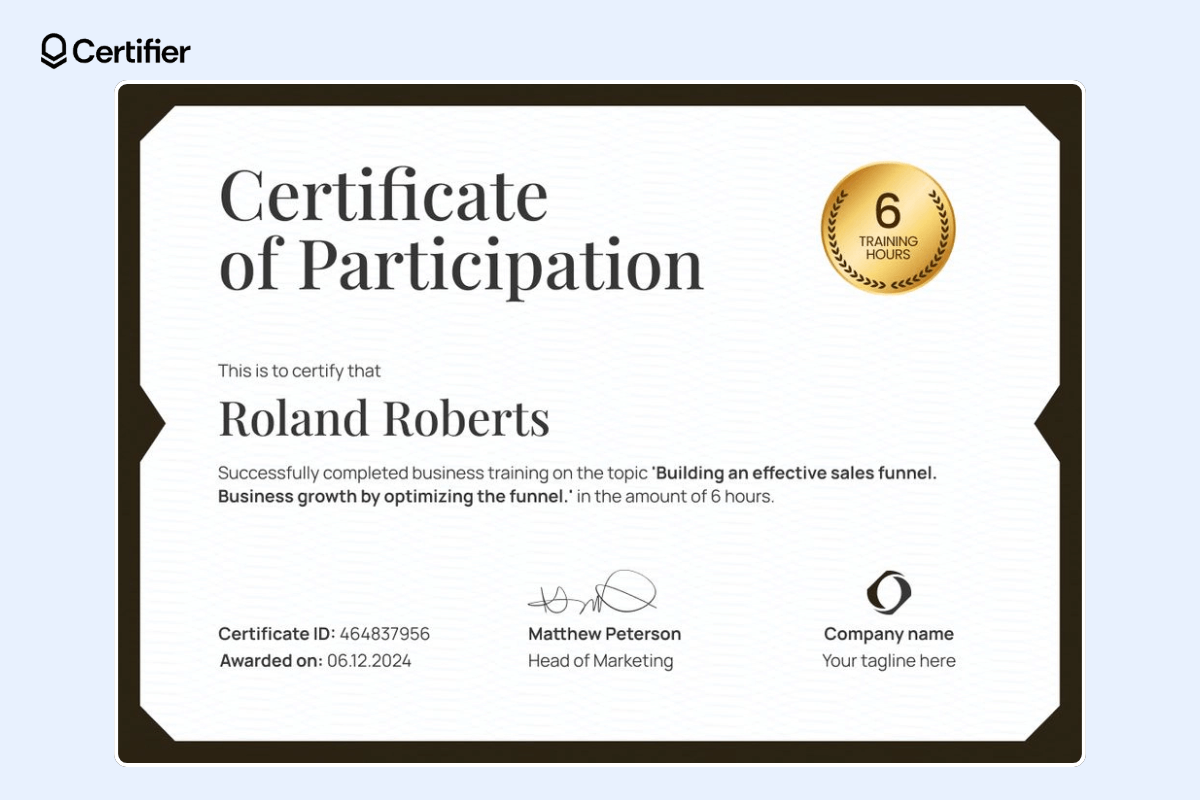 Certificate of participation template with golden badge at the top right corner and dedicated space for certificate ID and issuing date. Certificate of participation template with golden badge at the top right corner and dedicated space for certificate ID and issuing date.