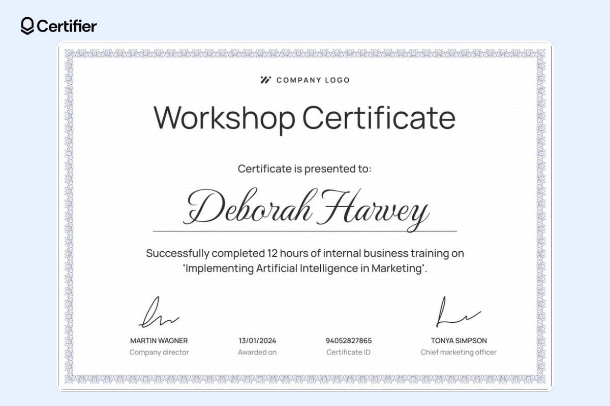 Workshop certificate template with decorative borders and the recipient's name in the center stage. Workshop certificate template with decorative borders and the recipient's name in the center stage.