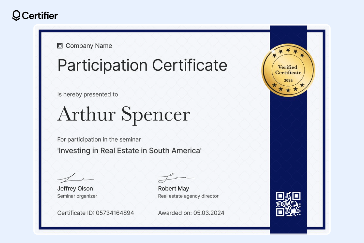 Participation certificate for workshops with dark blue ribbon and golden badge with a QR code inside. Participation certificate for workshops with dark blue ribbon and golden badge with a QR code inside.