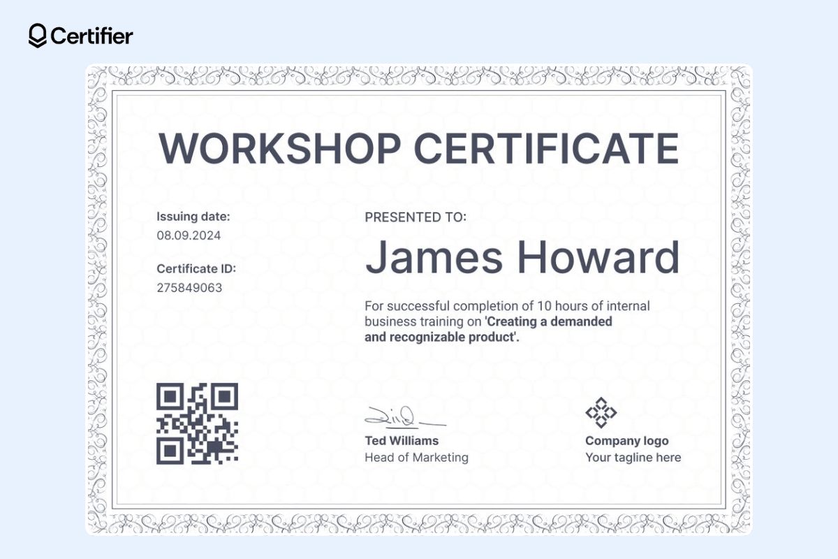 Workshop certificate template with a QR code on the left right corner and well-designed layout. Workshop certificate template with a QR code on the left right corner and well-designed layout.