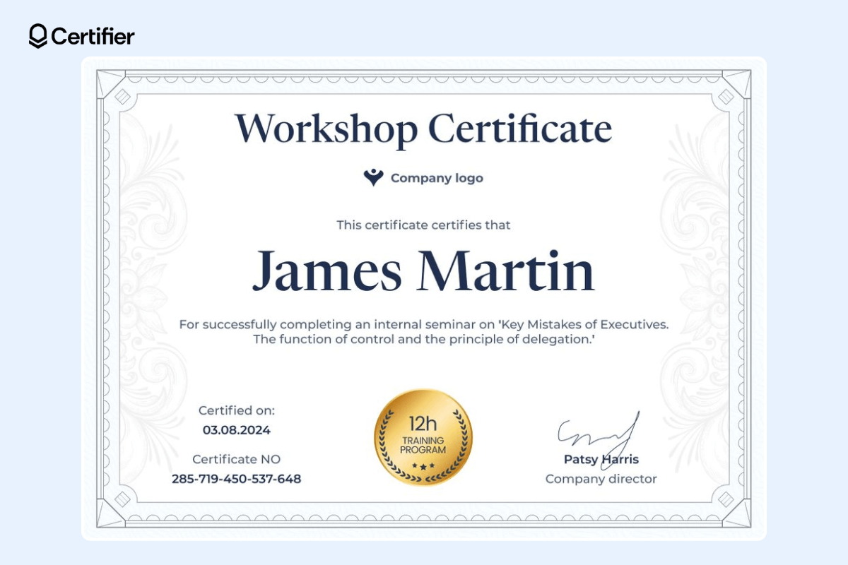Workshop certificate with golden badge at the center and decorative background. Workshop certificate with golden badge at the center and decorative background.