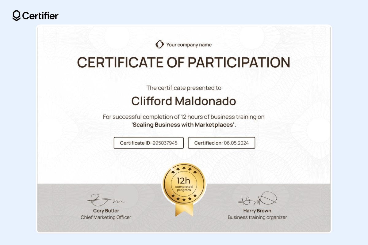 Certificate of participation in the workshop with golden badge and grey section for signatures. Certificate of participation in the workshop with golden badge and grey section for signatures.