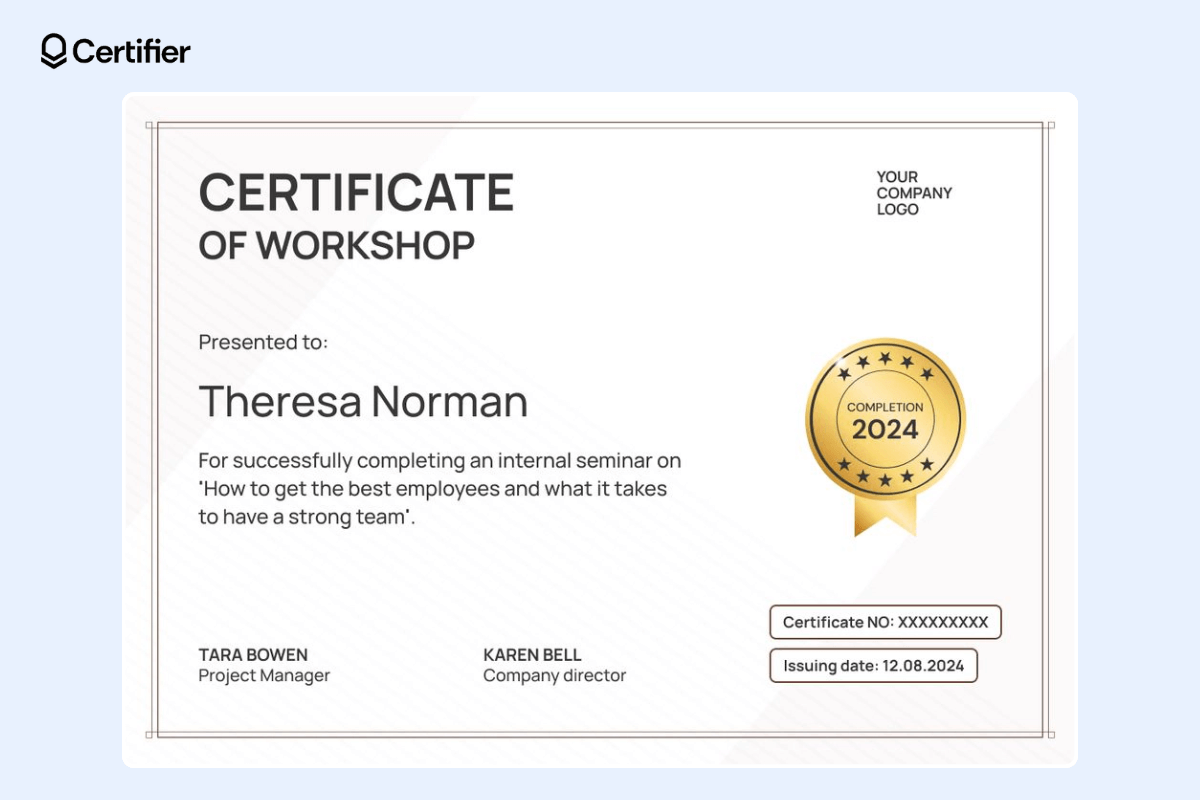 Certificate of workshop with golden badge and certificate elements like certificate ID and issuing date. Certificate of workshop with golden badge and certificate elements like certificate ID and issuing date.