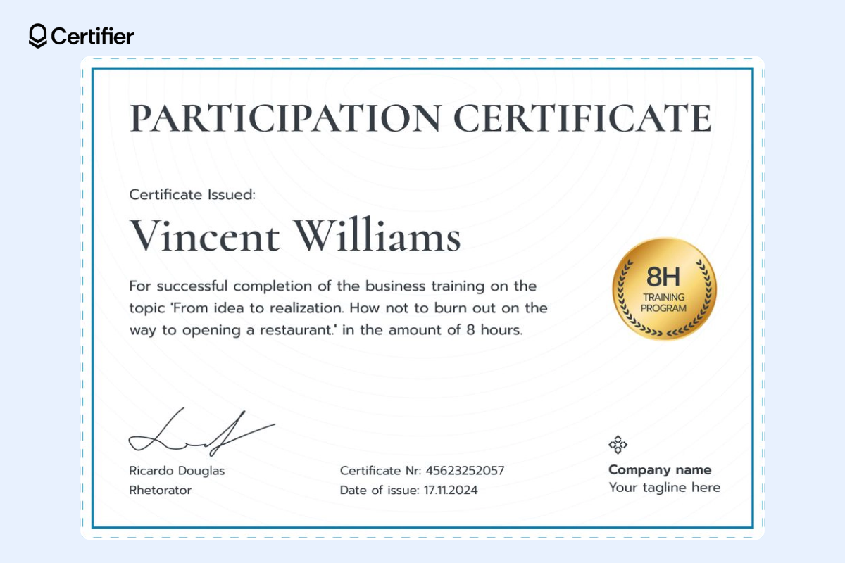 Participation certificate in a workshop with golden badge and clear layout with a space for award details. Participation certificate in a workshop with golden badge and clear layout with a space for award details.