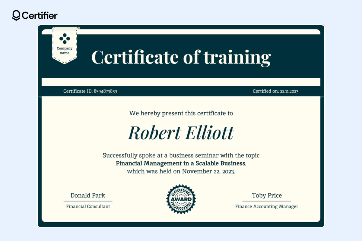 Training certificate template for colleges and schools with place for the logo and signatures. Training certificate template for colleges and schools with place for the logo and signatures.
