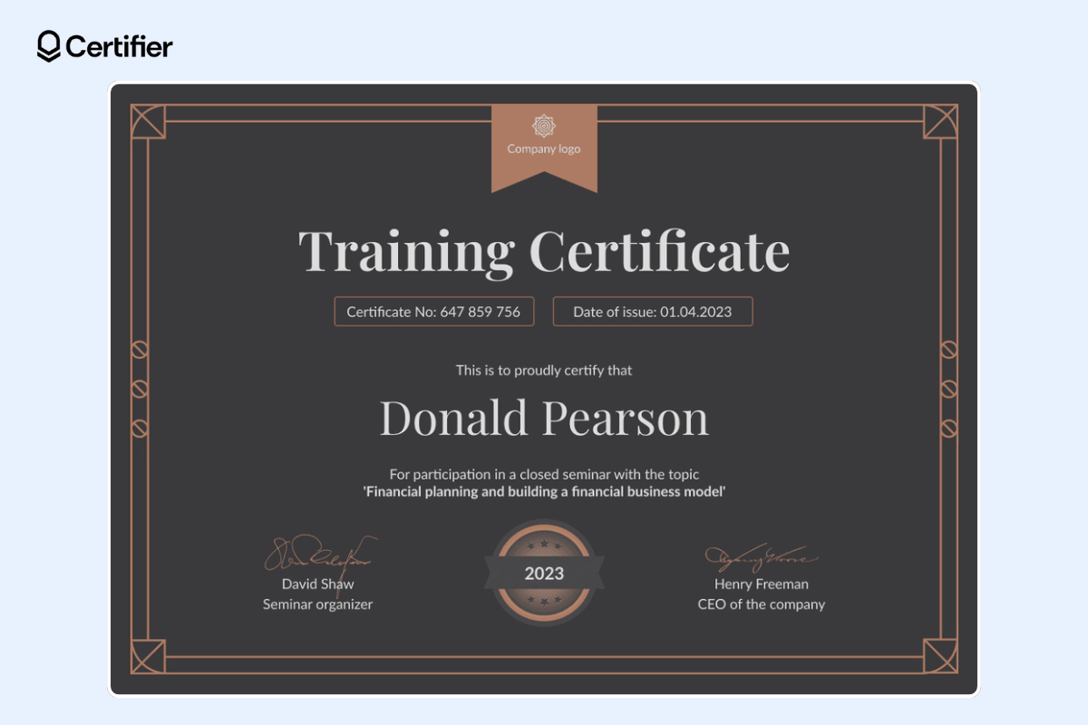 Dark training certificate template with decorative borders and subtle brown elements. Dark training certificate template with decorative borders and subtle brown elements.