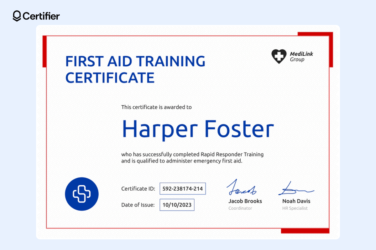 Simple training certificate for first-aid courses with subtle red and blue elements. Simple training certificate for first-aid courses with subtle red and blue elements.