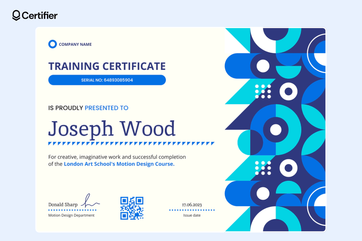 Geometric training certificate in blue, with a custom elements like QR code, signatures and company's logo. Geometric training certificate in blue, with a custom elements like QR code, signatures and company's logo.