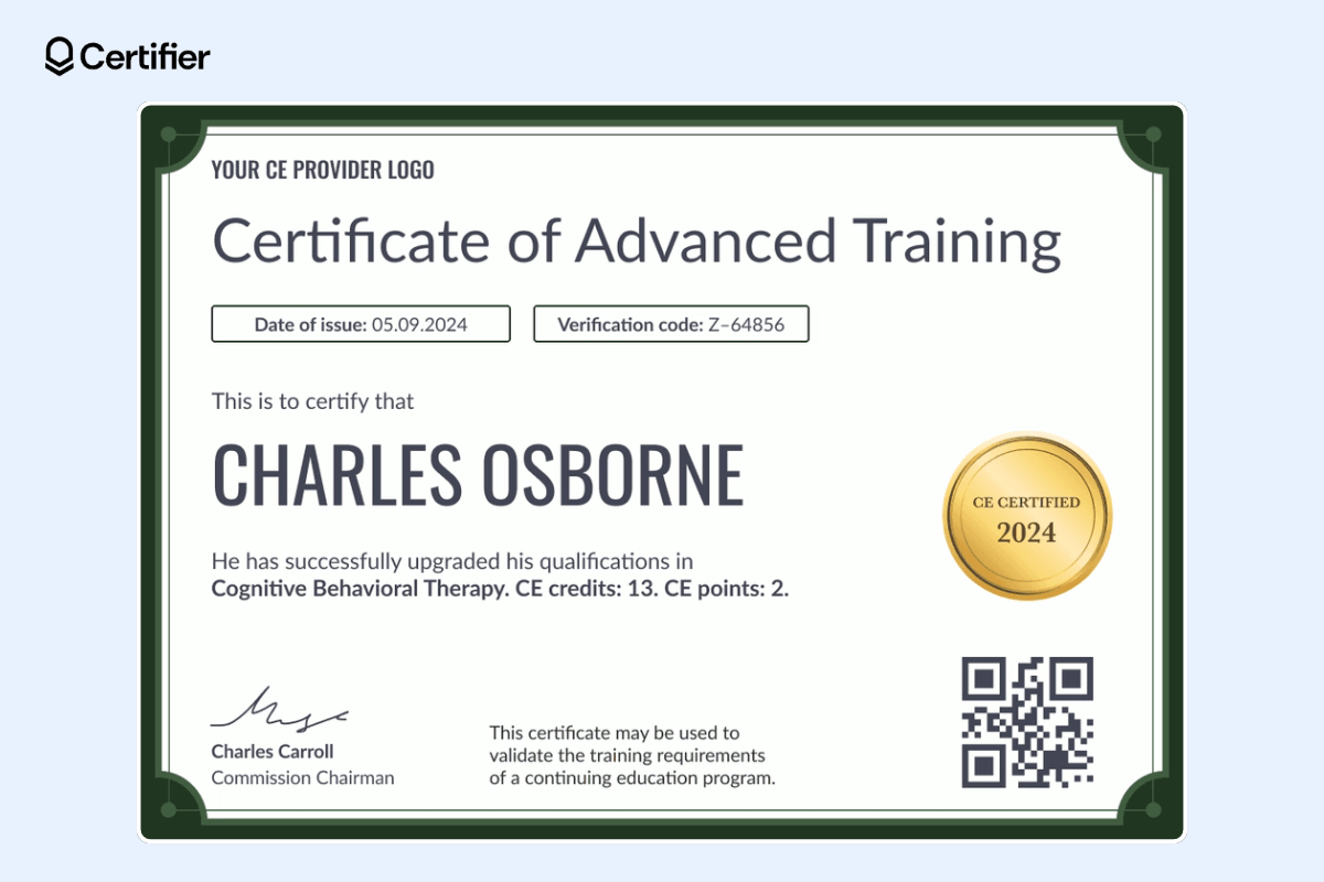 Well-organized certificate of advanced training with dark borders, a QR code and a golden badge. Well-organized certificate of advanced training with dark borders, a QR code and a golden badge.