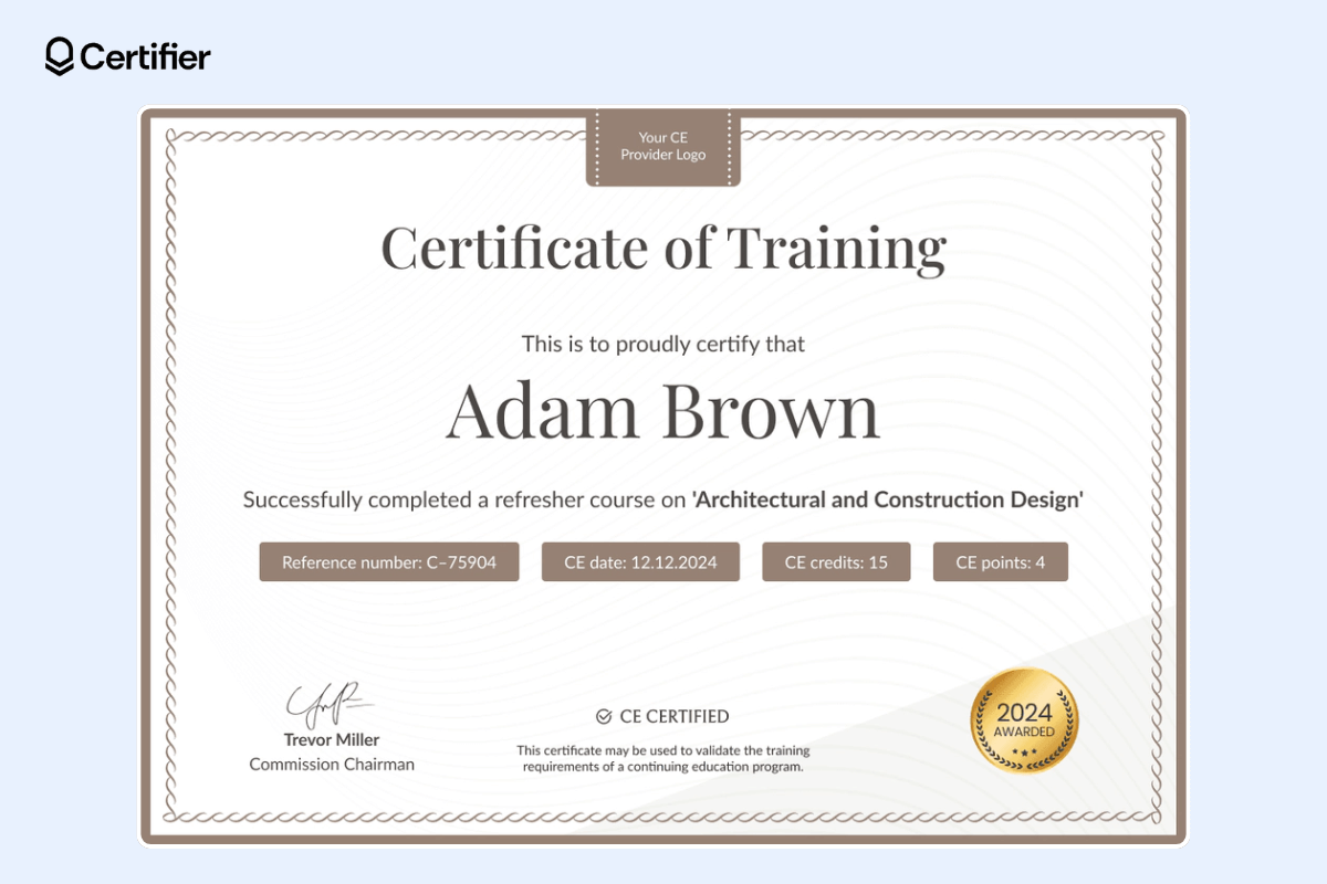 Certificate of training with golden badge, certificate details tags and signatures. Certificate of training with golden badge, certificate details tags and signatures.