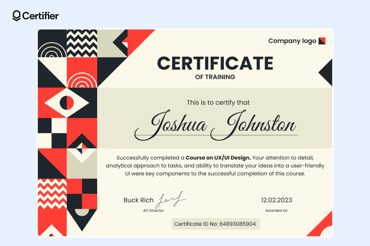 Geometric certificate of training with red elements and large space for the training description. Geometric certificate of training with red elements and large space for the training description.