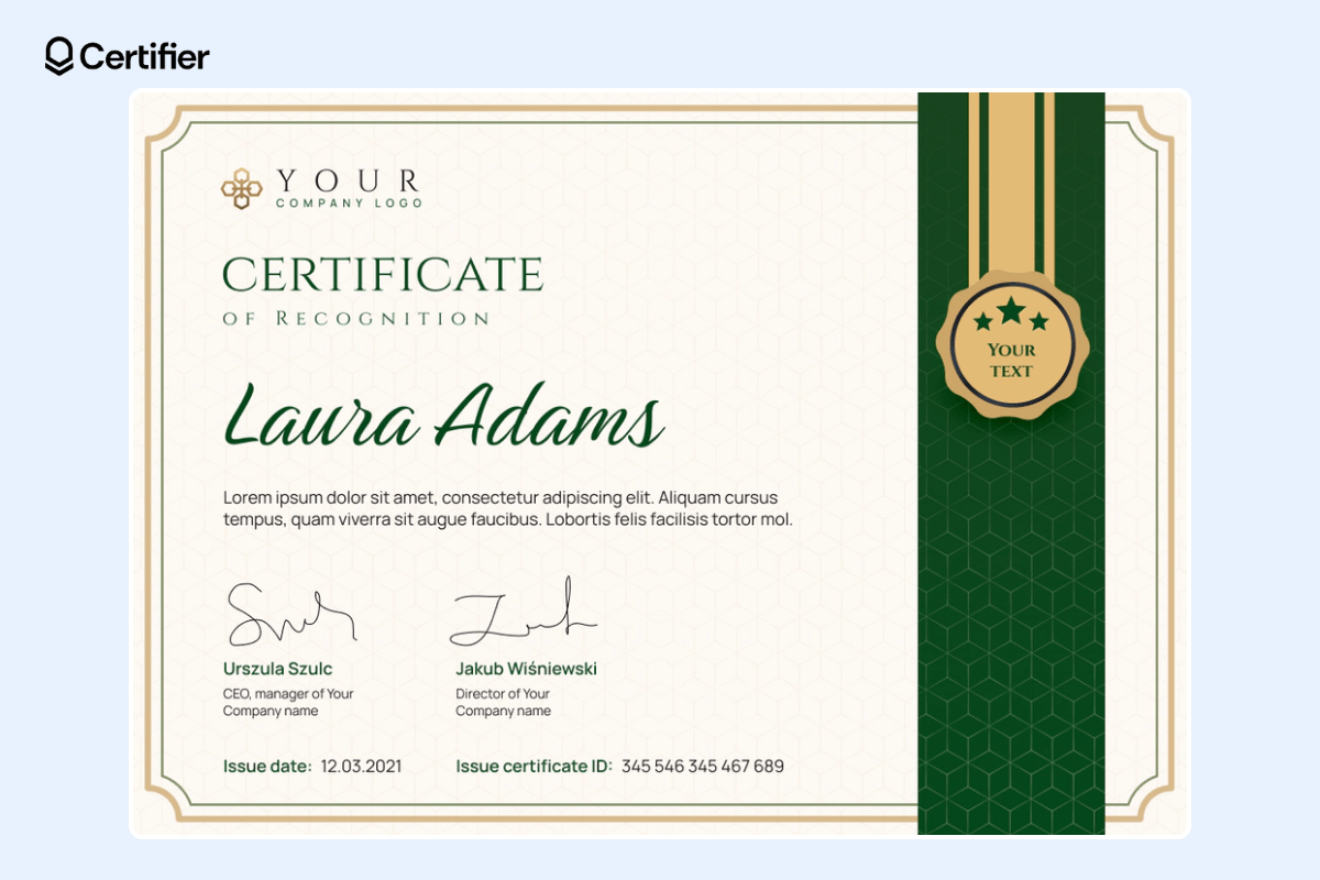 College style slick certificate template powerpoint with green ribbon on the right. College style slick certificate template powerpoint with green ribbon on the right.