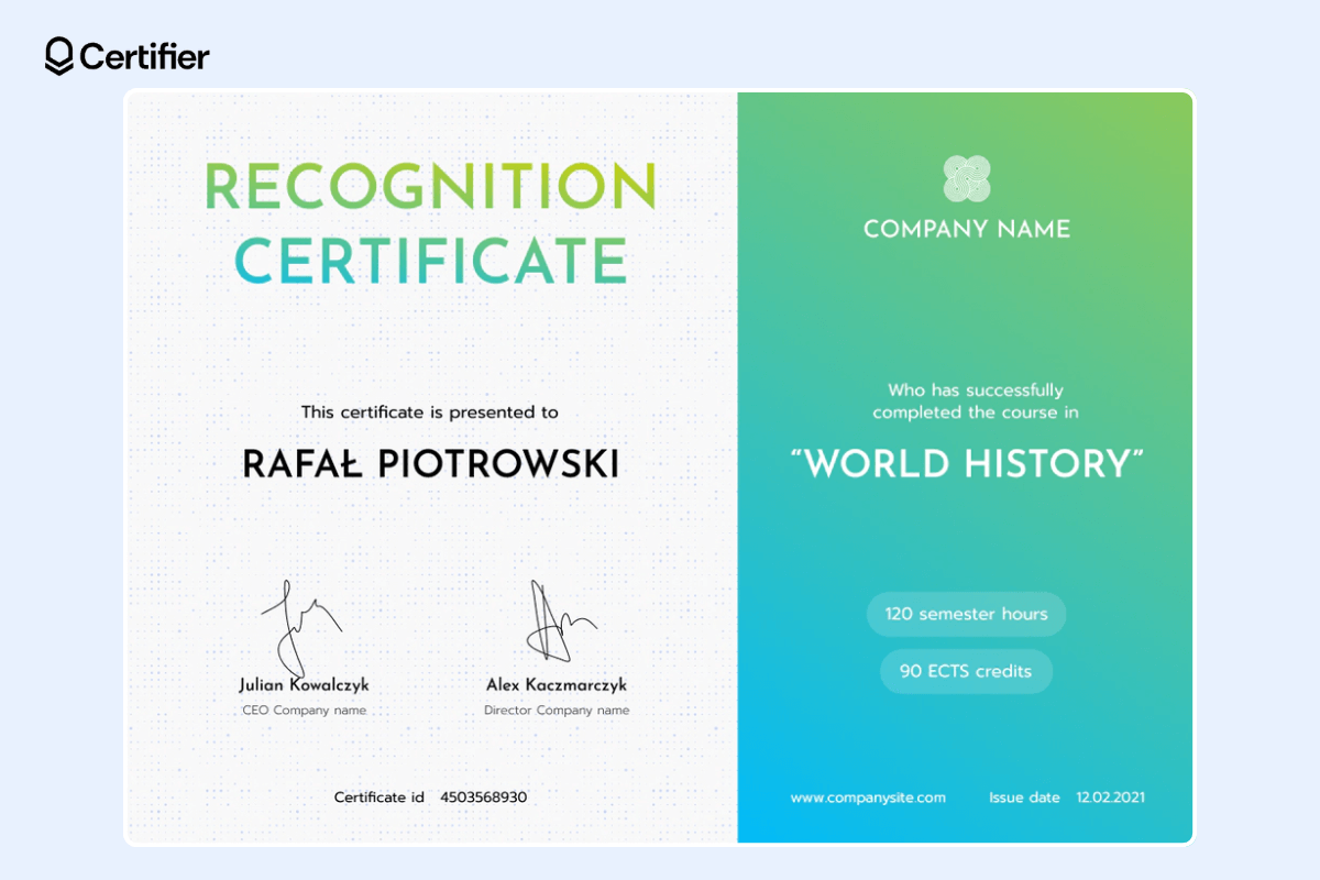 Colorful powerpoint certificate template with two sections, one dedicated for the course hours and points, second one for the recipient's name and signatures. Colorful powerpoint certificate template with two sections, one dedicated for the course hours and points, second one for the recipient's name and signatures.