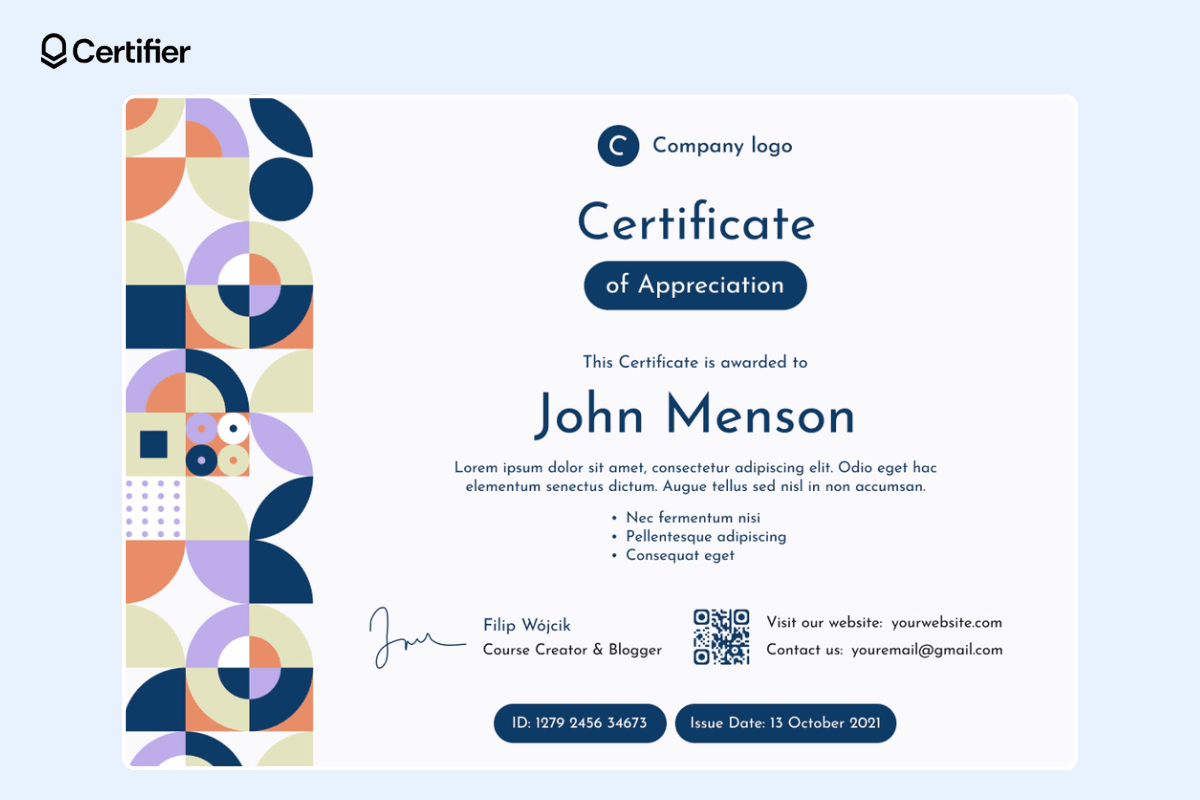 Simple certificate of appreciation for PowerPoint with a dedicated place for skills acquired and for the QR code, issue date and certificate ID.