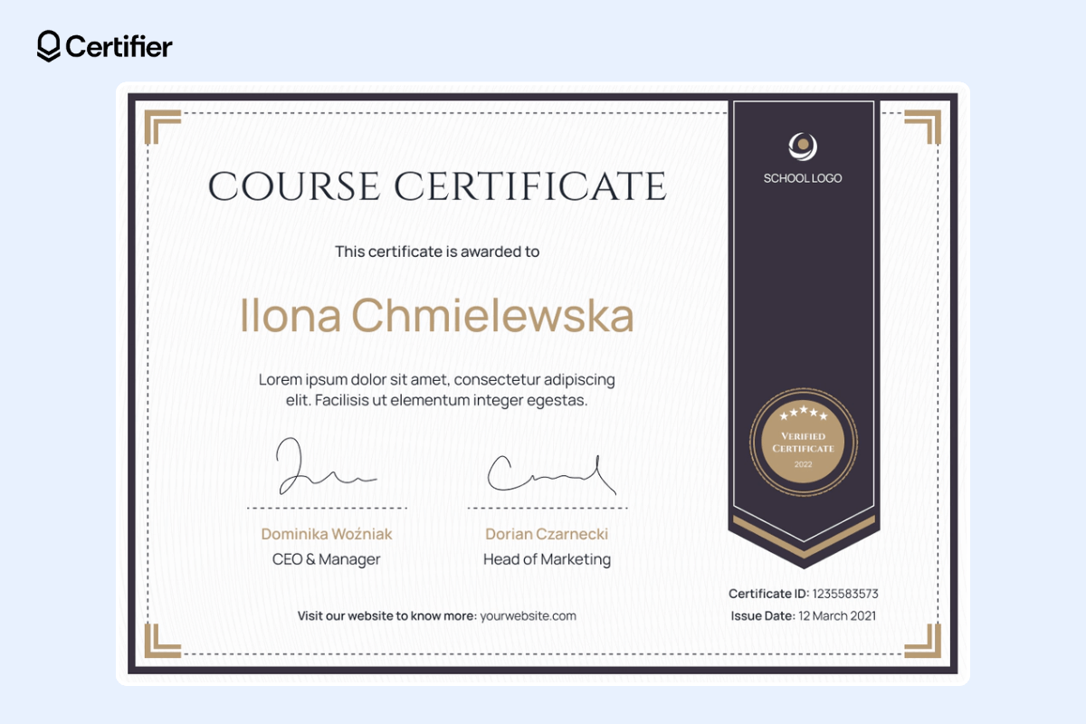 Traditional certificate template PowerPoint with subtle brown and gold elements, ribbon on the right, and dedicated place for Certificate ID and issue date. Traditional certificate template PowerPoint with subtle brown and gold elements, ribbon on the right, and dedicated place for Certificate ID and issue date.