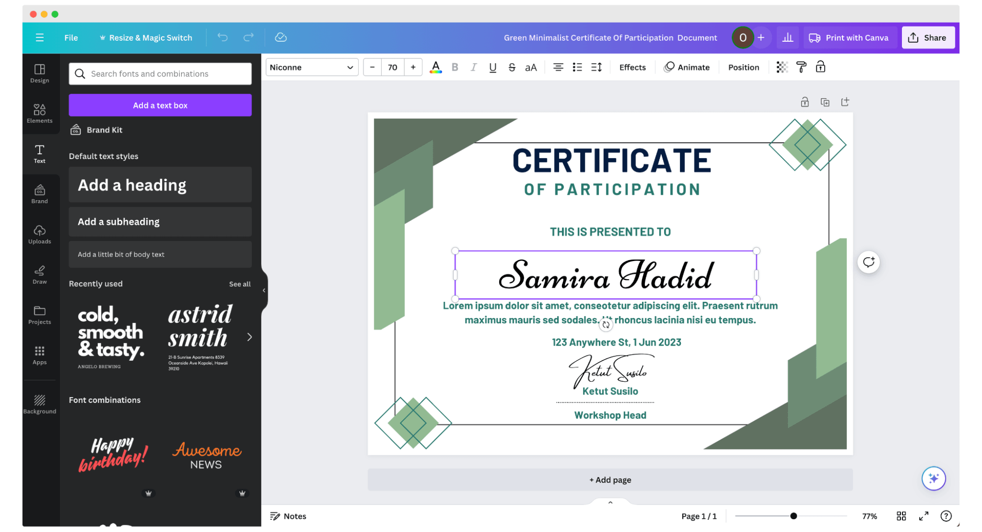 Preparing the certificate template within the Canva creator to send them out via email. Preparing the certificate template within the Canva creator to send them out via email.