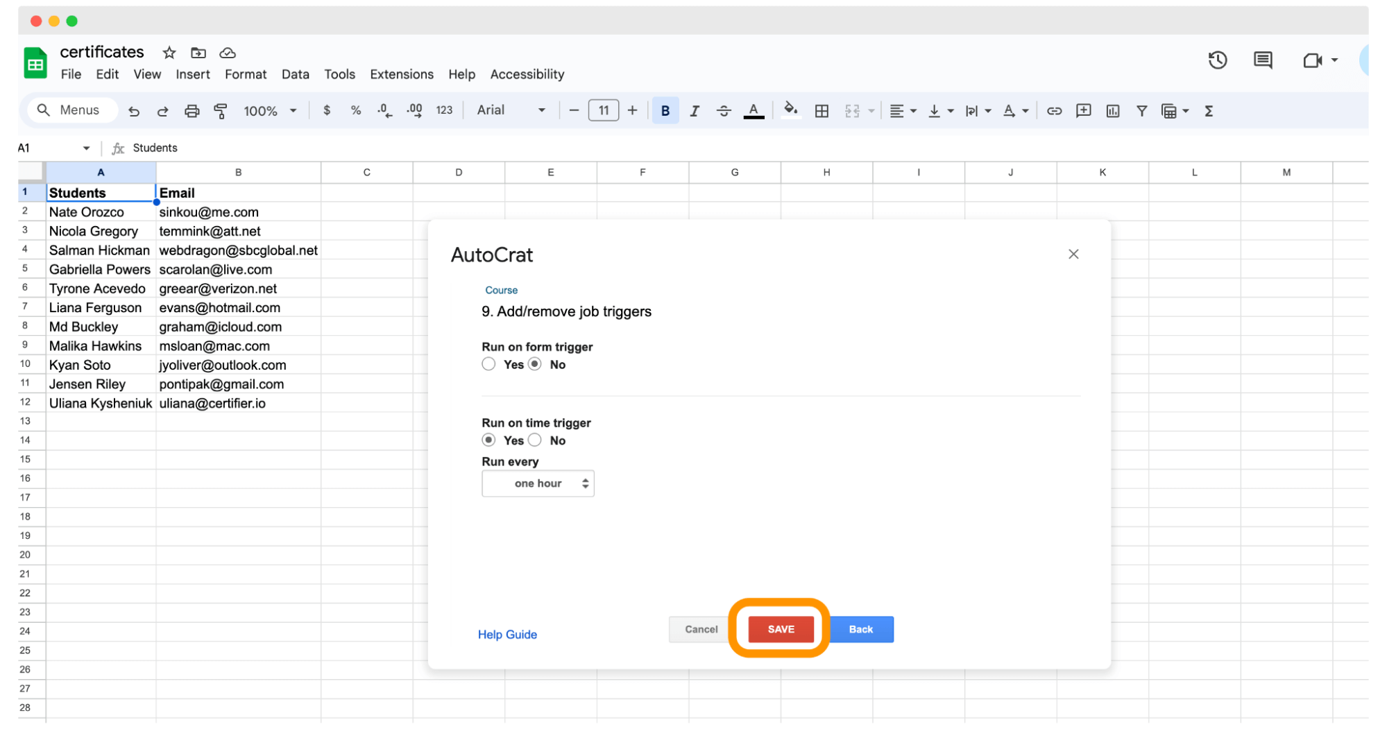 Saving the Job created with the Autocrat tool to automate sending certificates via email. Saving the Job created with the Autocrat tool to automate sending certificates via email.