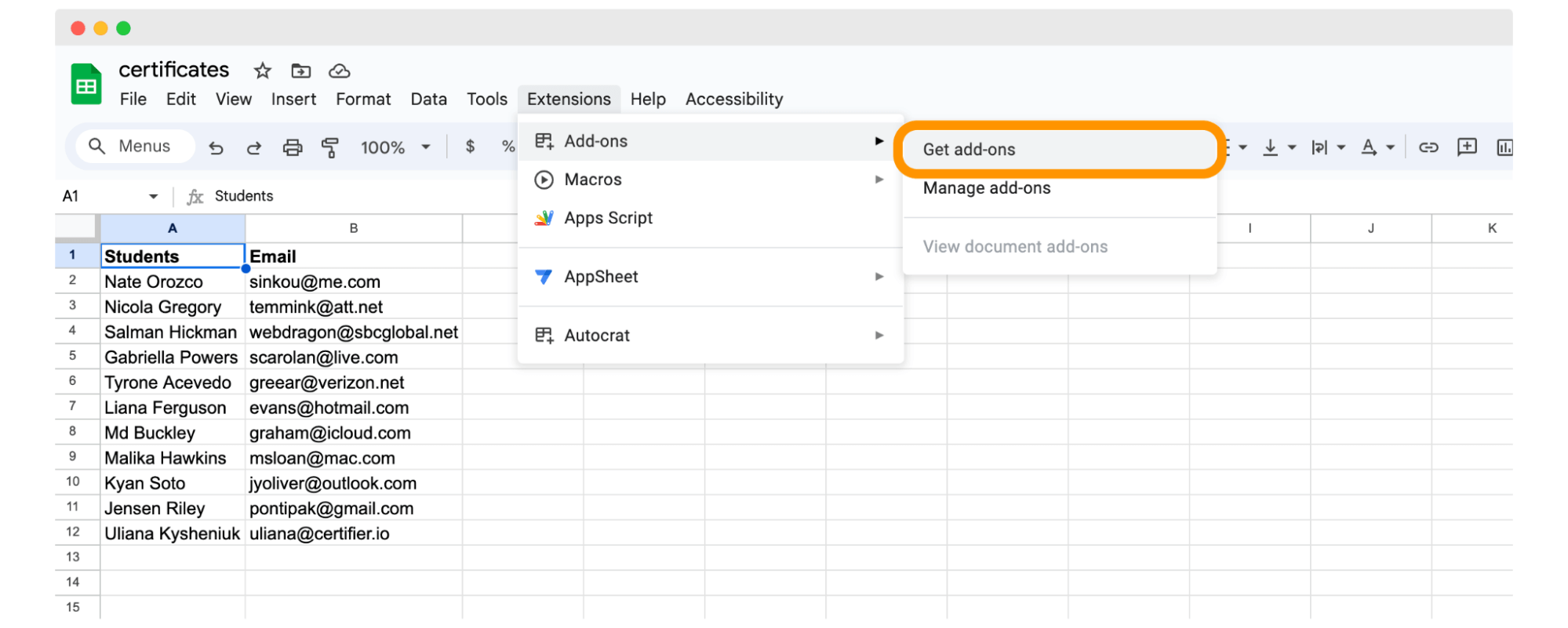 Extensions option within the Google Sheets dashboard to install AutoCrat. Extensions option within the Google Sheets dashboard to install AutoCrat.