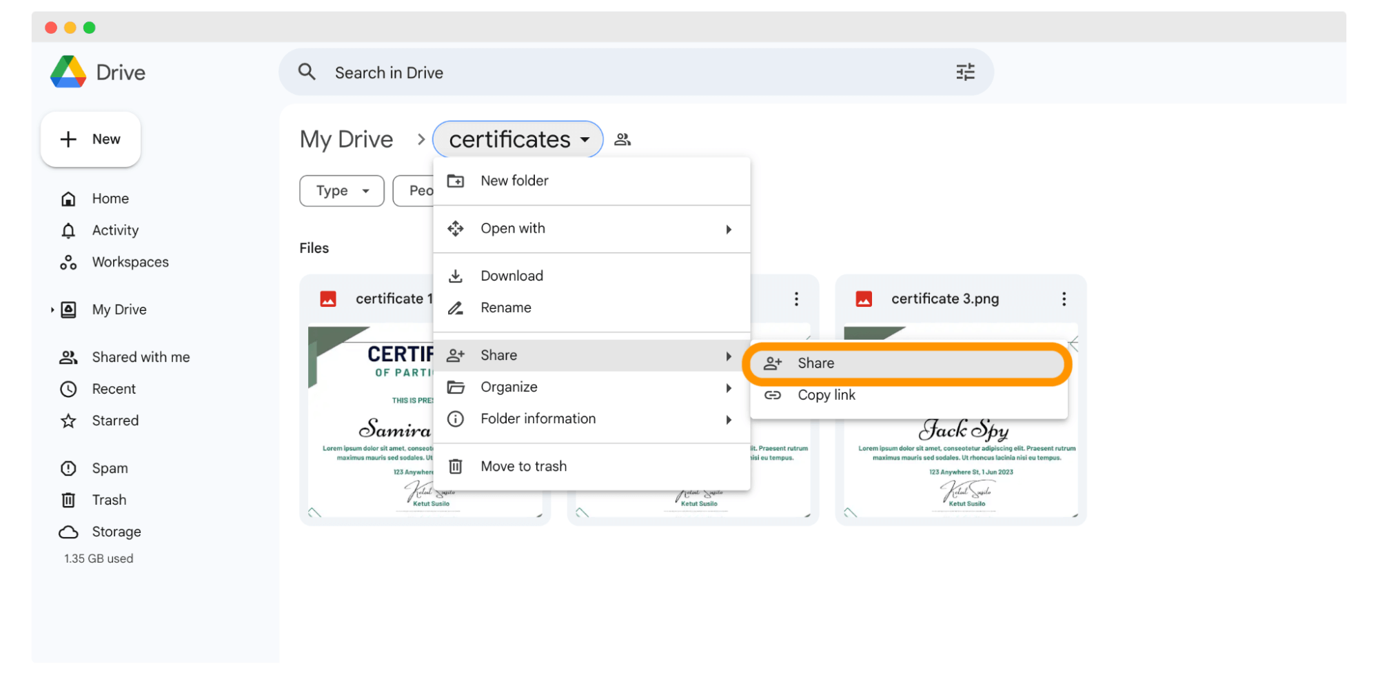 Setting up the Google Drive folder to send certificates via email. Setting up the Google Drive folder to send certificates via email.