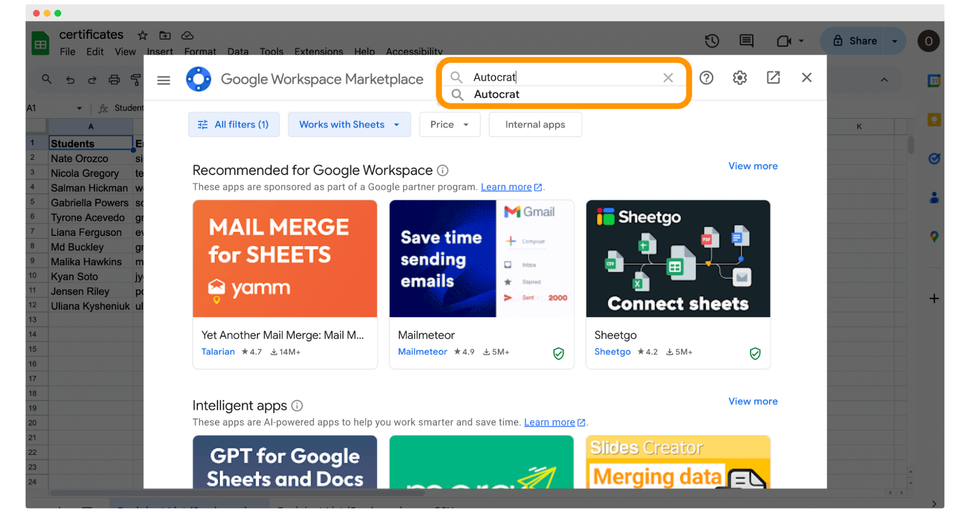 Google marketplace to install AutoCrat add-on for Google Sheets. Google marketplace to install AutoCrat add-on for Google Sheets.