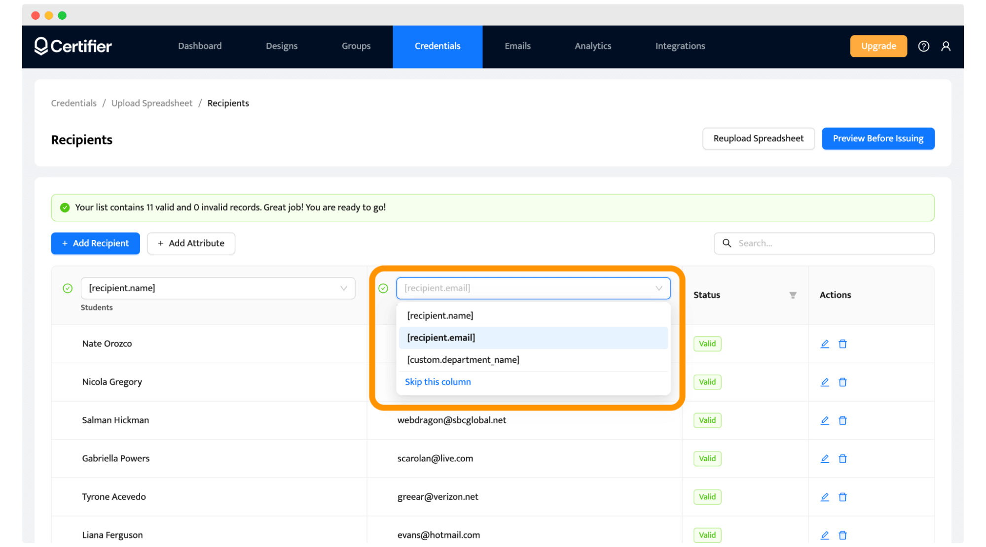 Mapping the certificates attributes with spreadhsheet data to send them out automatically. Mapping the certificates attributes with spreadhsheet data to send them out automatically.