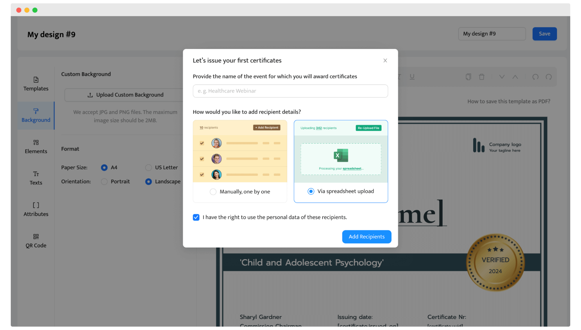 Uploading the list of email addresses to send certificates in bulk. Uploading the list of email addresses to send certificates in bulk.