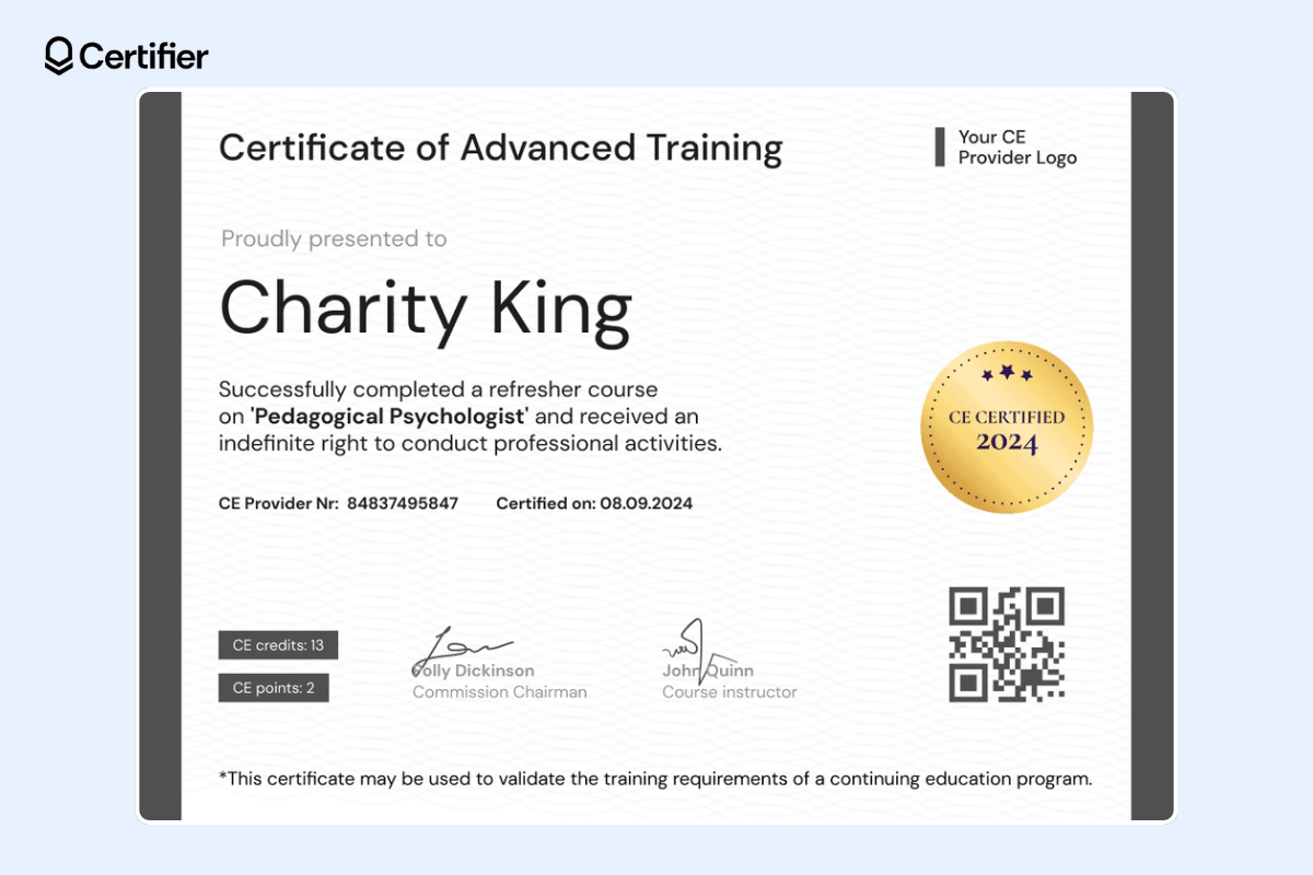 Example of effective certificate design with a QR code, golden badge and a dedicated space for credit points. Example of effective certificate design with a QR code, golden badge and a dedicated space for credit points.
