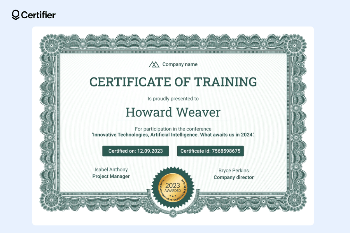Example of certificate design with decorative certificate frames and golden badge at the center. Example of certificate design with decorative certificate frames and golden badge at the center.