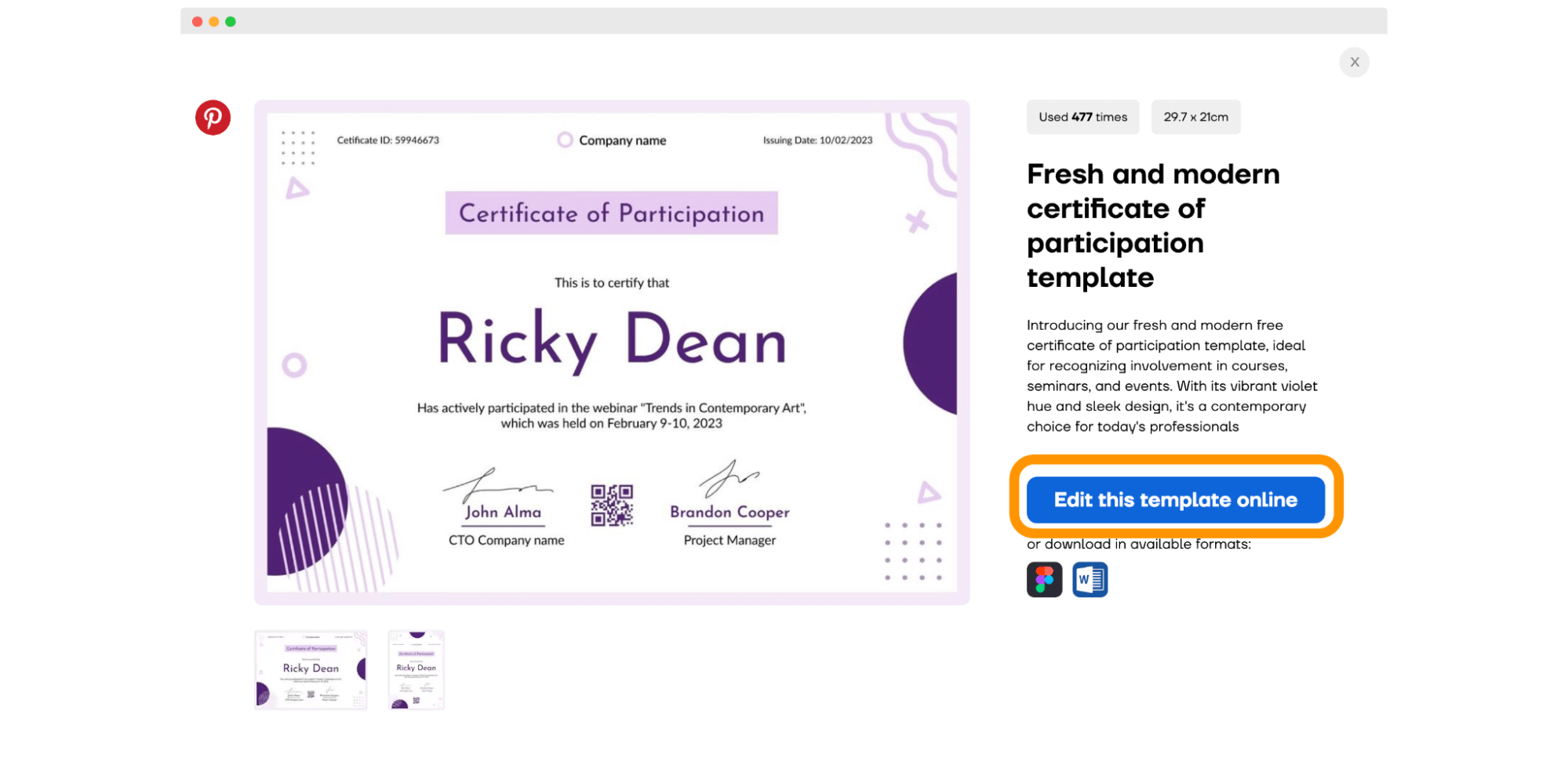 Choosing the certificate design template from the library and clicking the button to edit it. Choosing the certificate design template from the library and clicking the button to edit it.
