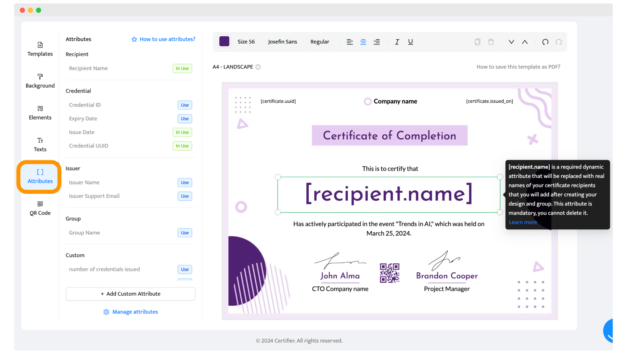 Adding the dynamic attributes to certificate design to be able to create many at once. Adding the dynamic attributes to certificate design to be able to create many at once.