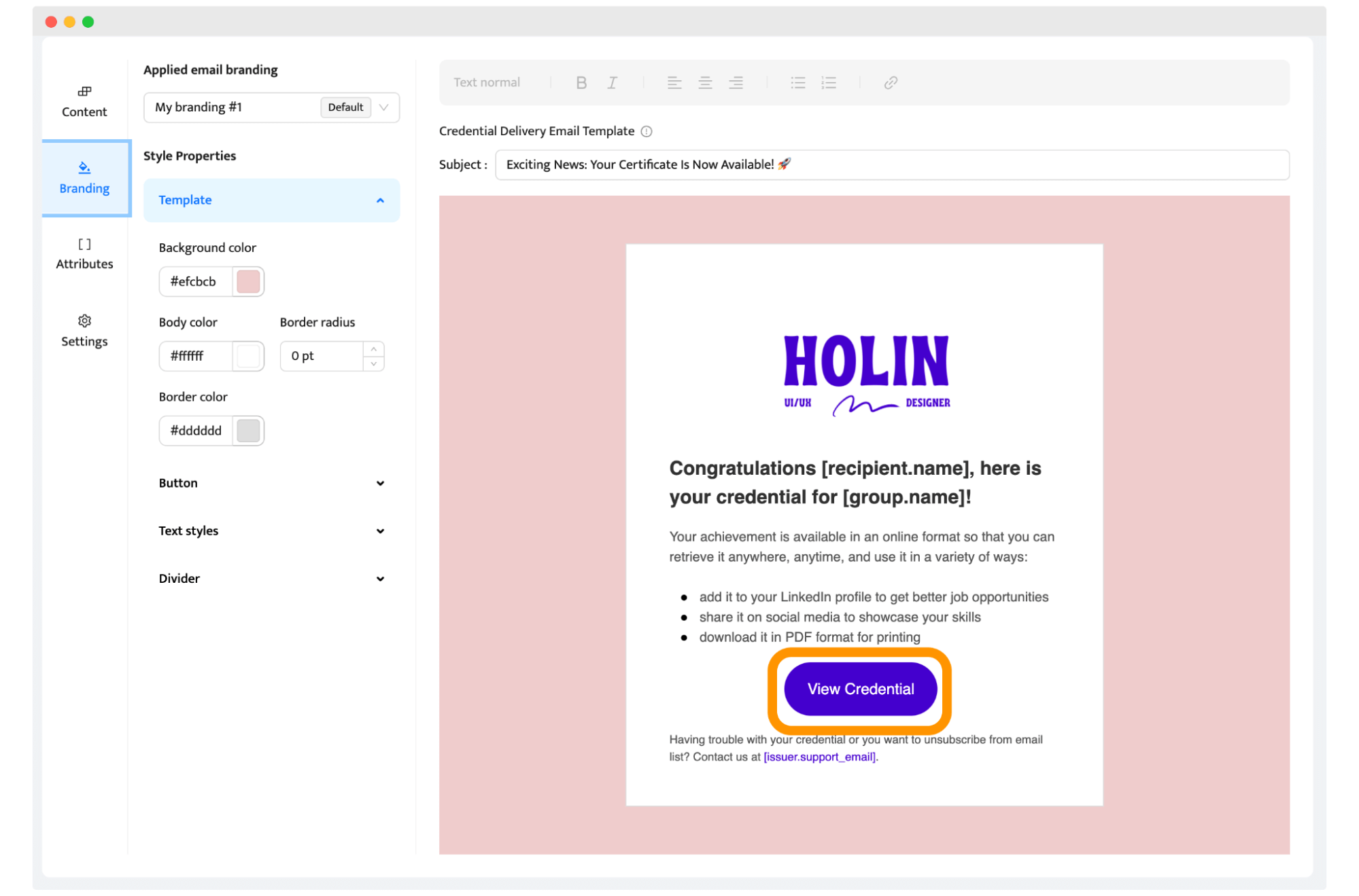 The example of the CTA button in the email for sending certificates. The example of the CTA button in the email for sending certificates.