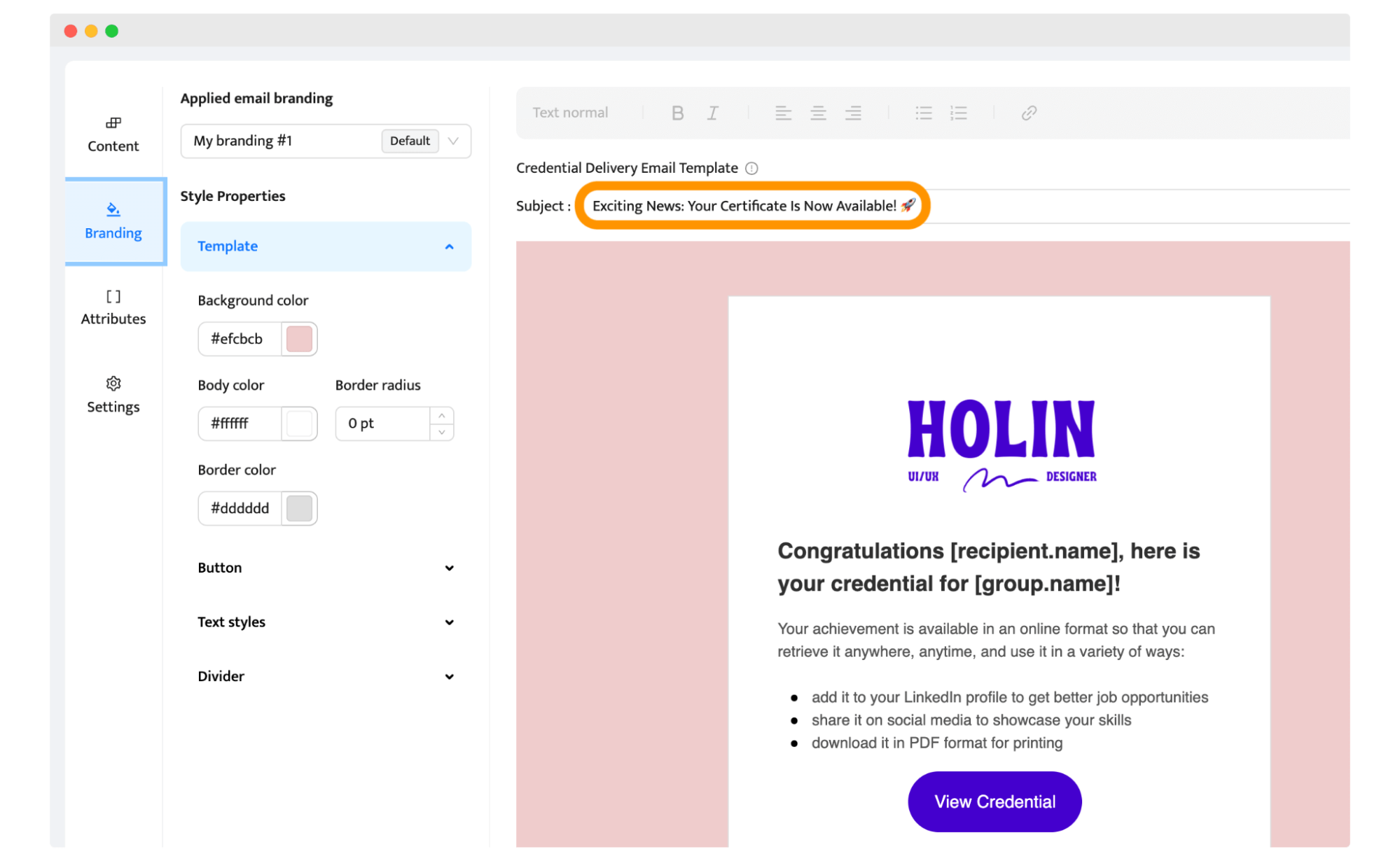 The example of the email subject line for sending certificates. The example of the email subject line for sending certificates.