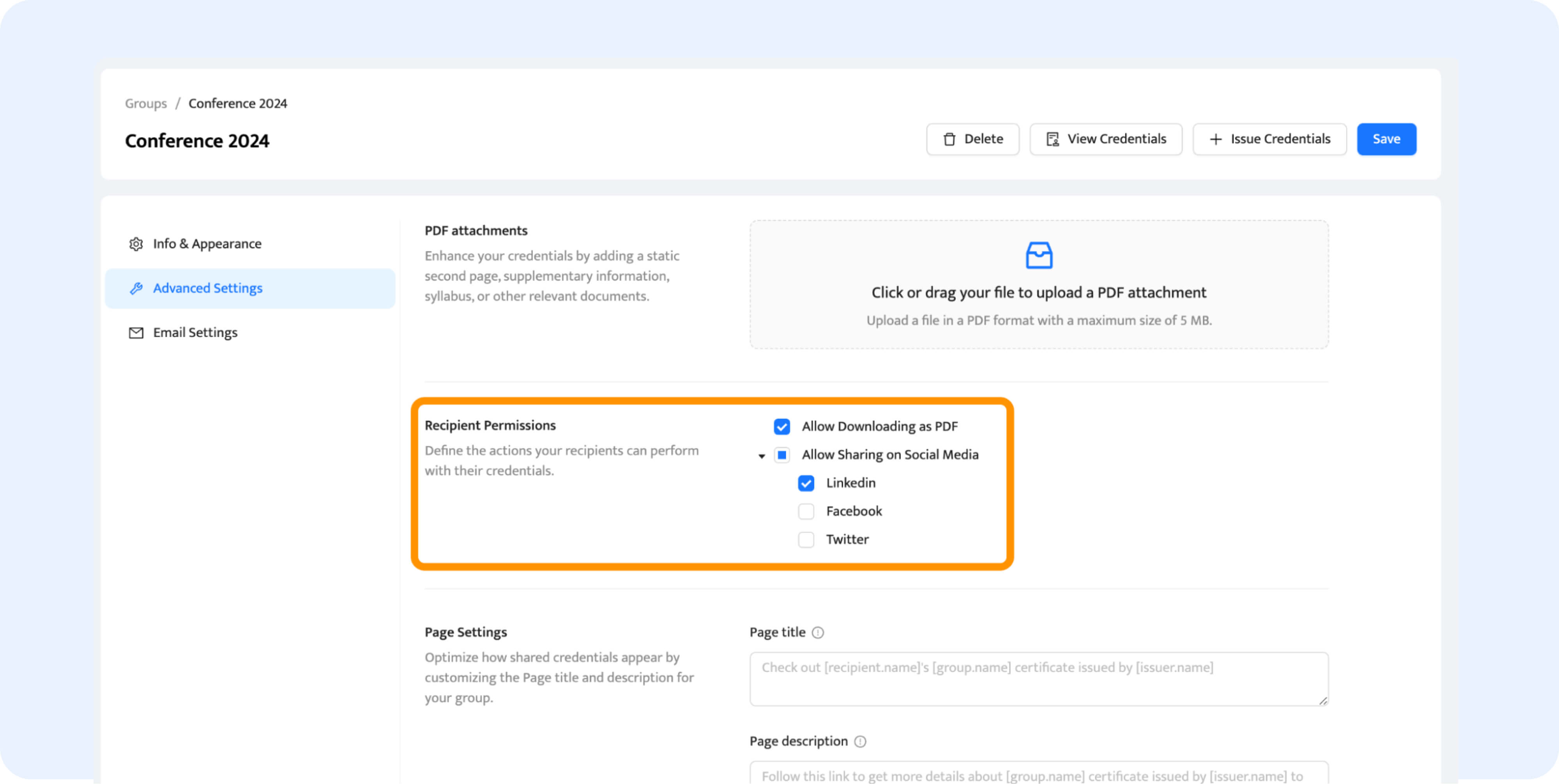 Options available within the Certifier settings to share the credentials on social media.