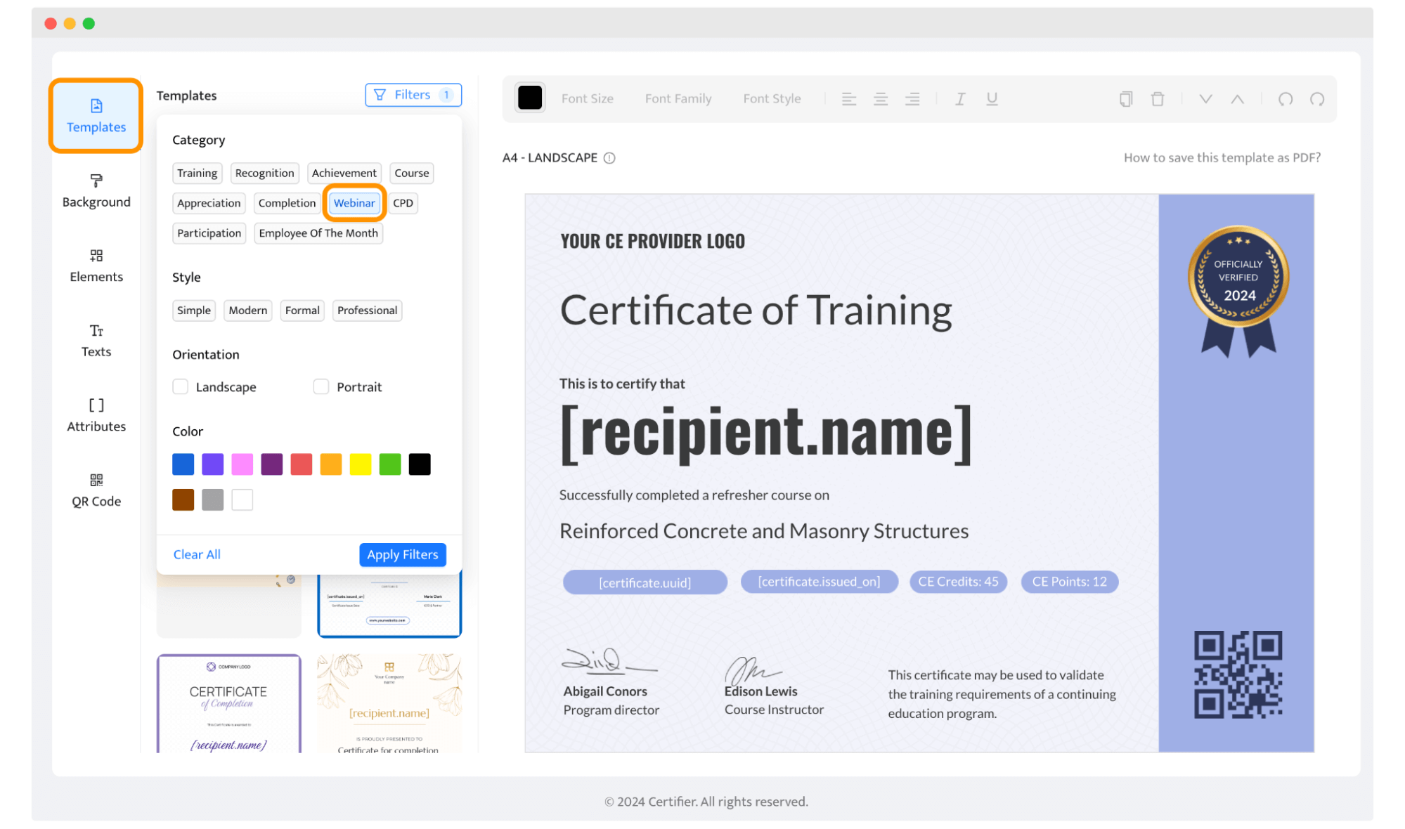 Zoom webinar certificate design within the Certifier tool. Zoom webinar certificate design within the Certifier tool.