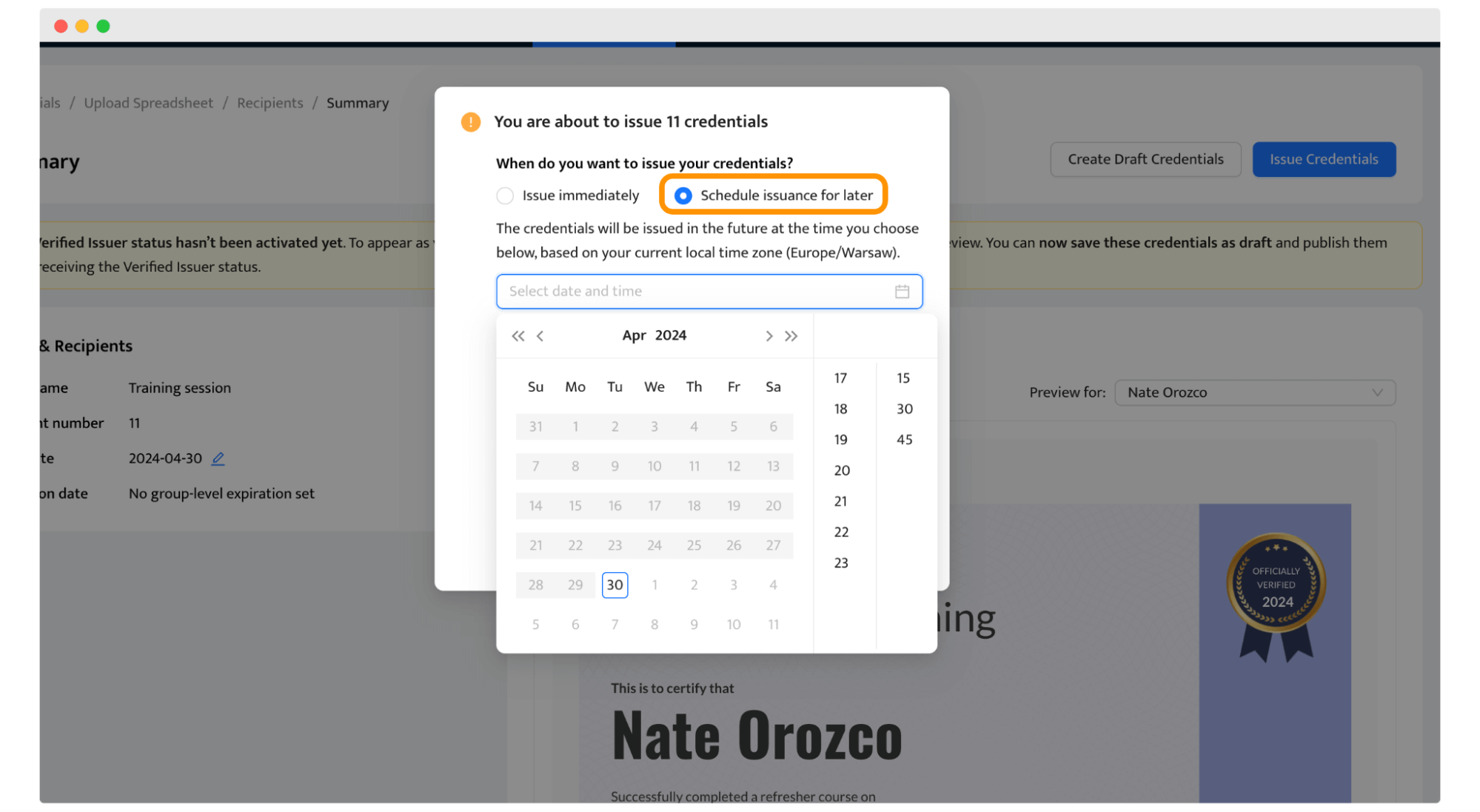 Scheduling the certificate delivery to the particular date and time. Scheduling the certificate delivery to the particular date and time.