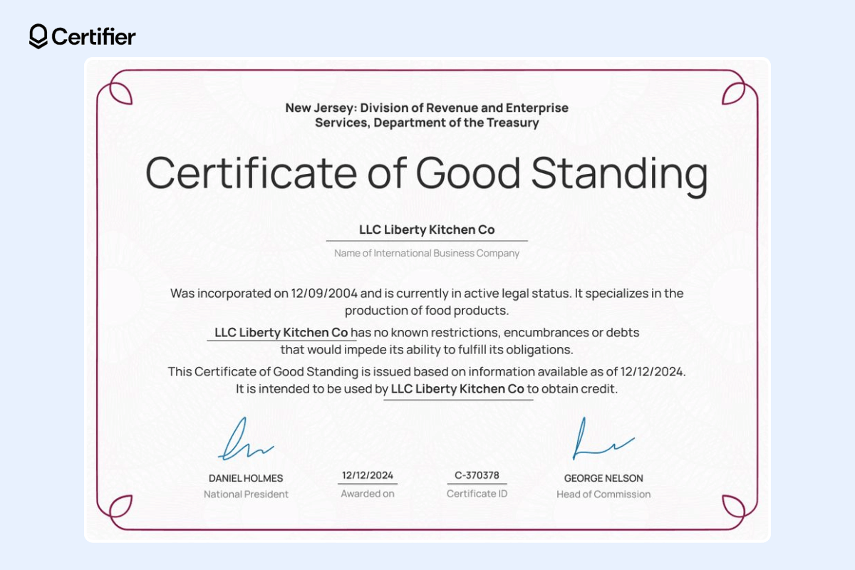 Elegant certificate of good standing with pink frame, black and centered text, two signatures at the bottom, issuing date, certificate ID, and the name of the department at the very top. Elegant certificate of good standing with pink frame, black and centered text, two signatures at the bottom, issuing date, certificate ID, and the name of the department at the very top.