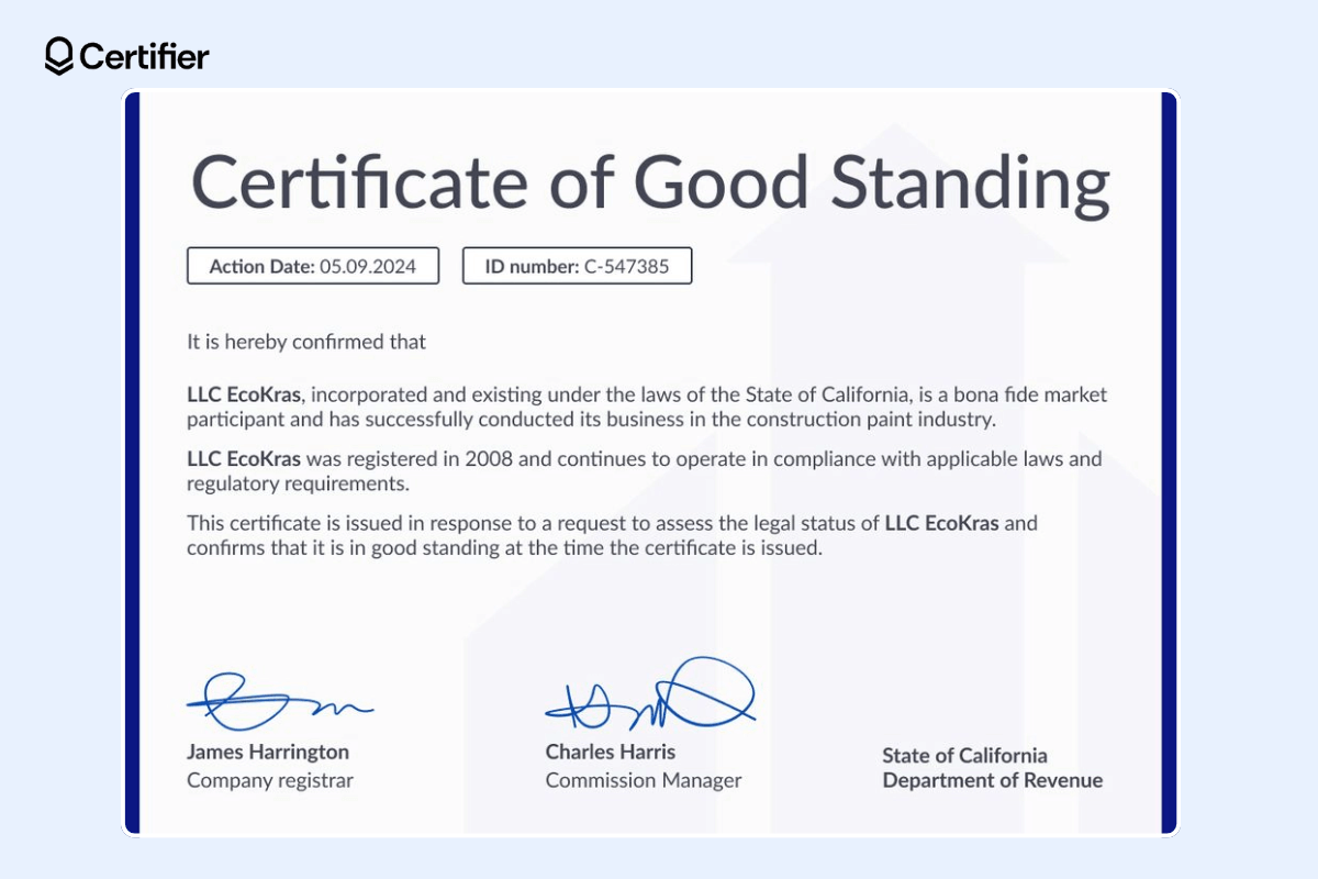 The formal certificate of good standing with a uniform font, large title, bolded information like names and the name of the department, two handwritten signatures. The formal certificate of good standing with a uniform font, large title, bolded information like names and the name of the department, two handwritten signatures.