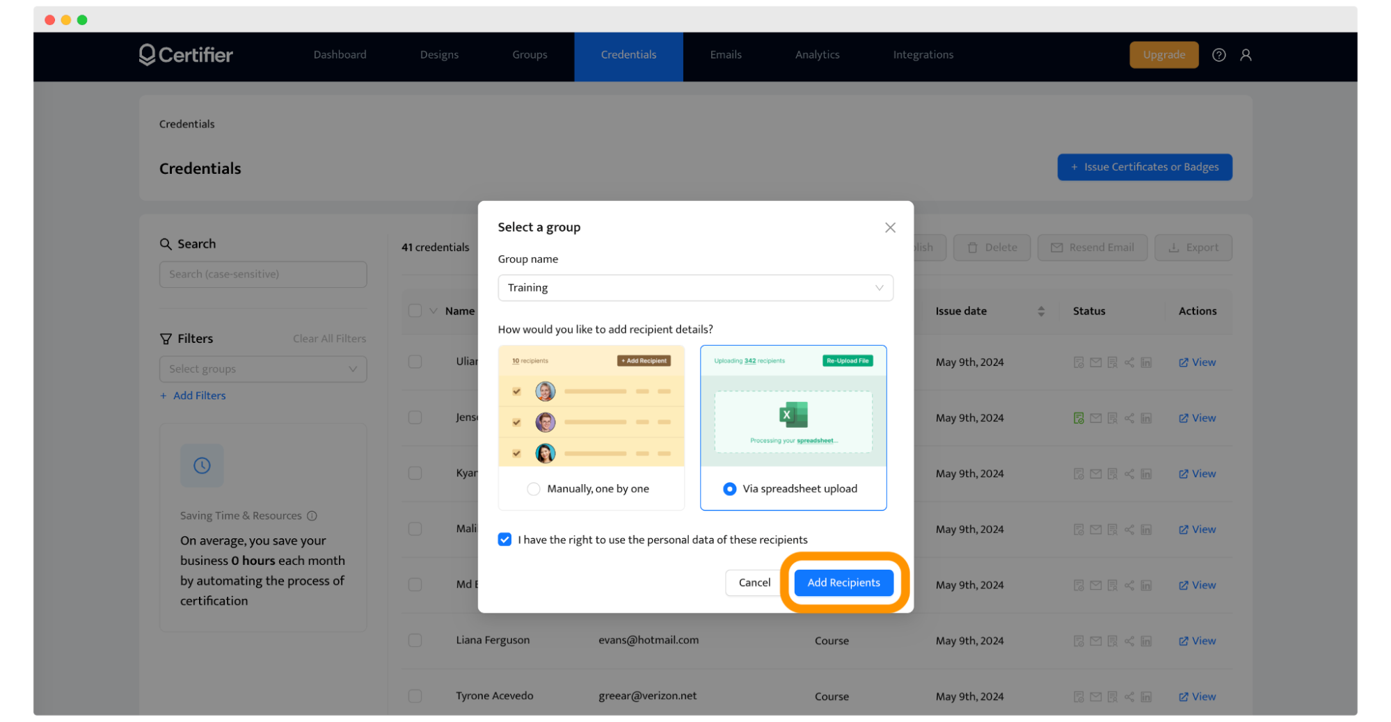 Uploading recipients data at Certifier dashboard to create personalized certificates. Uploading recipients data at Certifier dashboard to create personalized certificates.
