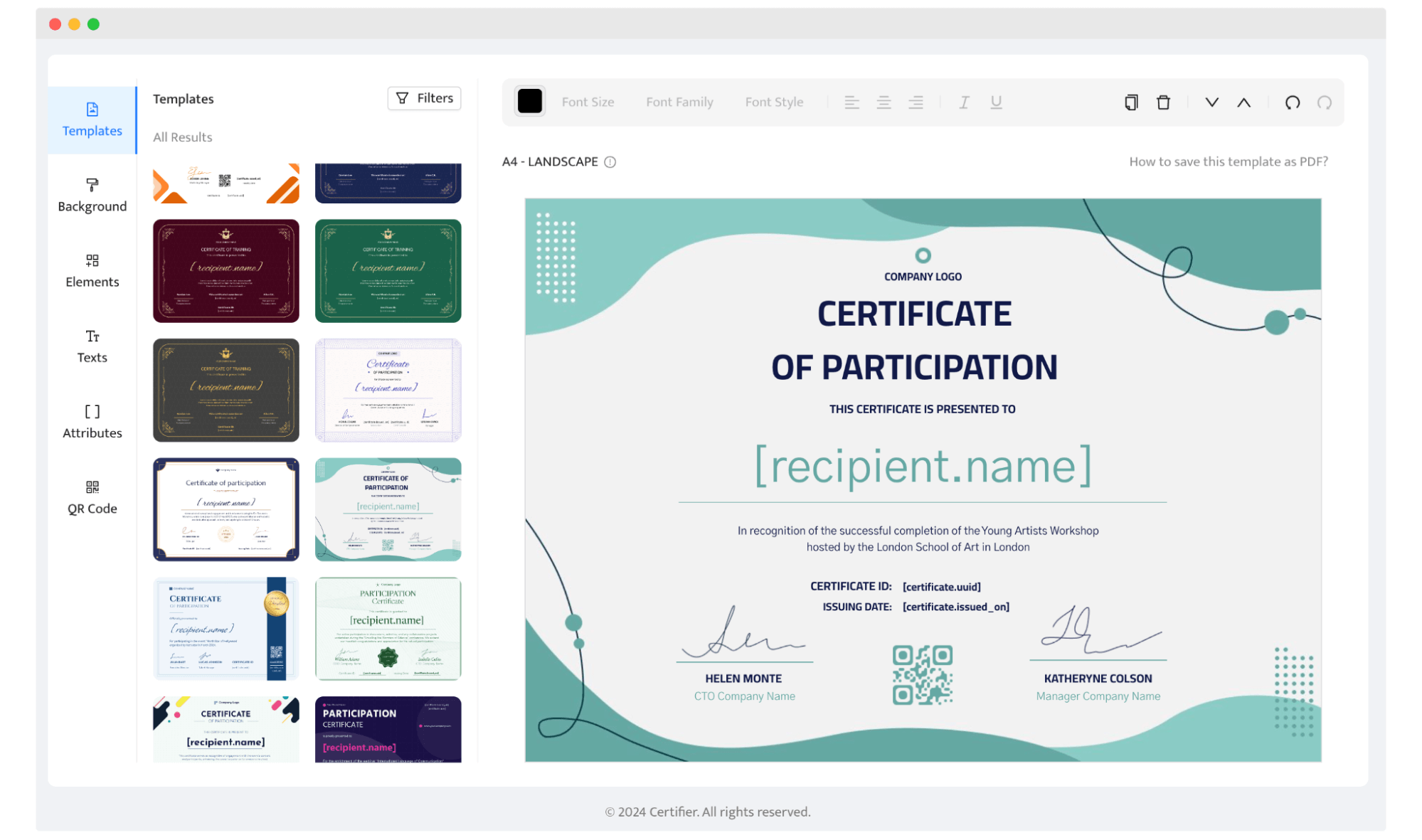 Choosing the custom certificate template within the Certifier certificate maker for creating custom certificates. Choosing the custom certificate template within the Certifier certificate maker for creating custom certificates.