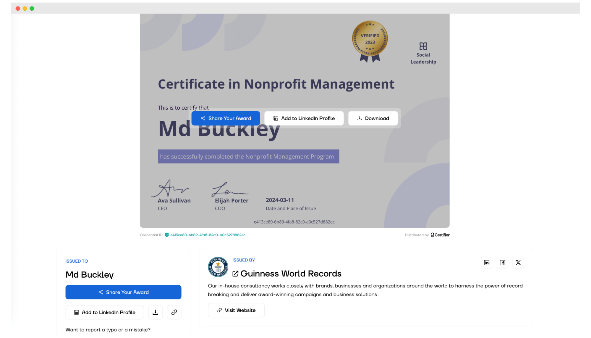 The verification page example that the recipient can access via the QR code on the custom certificate. The verification page example that the recipient can access via the QR code on the custom certificate.