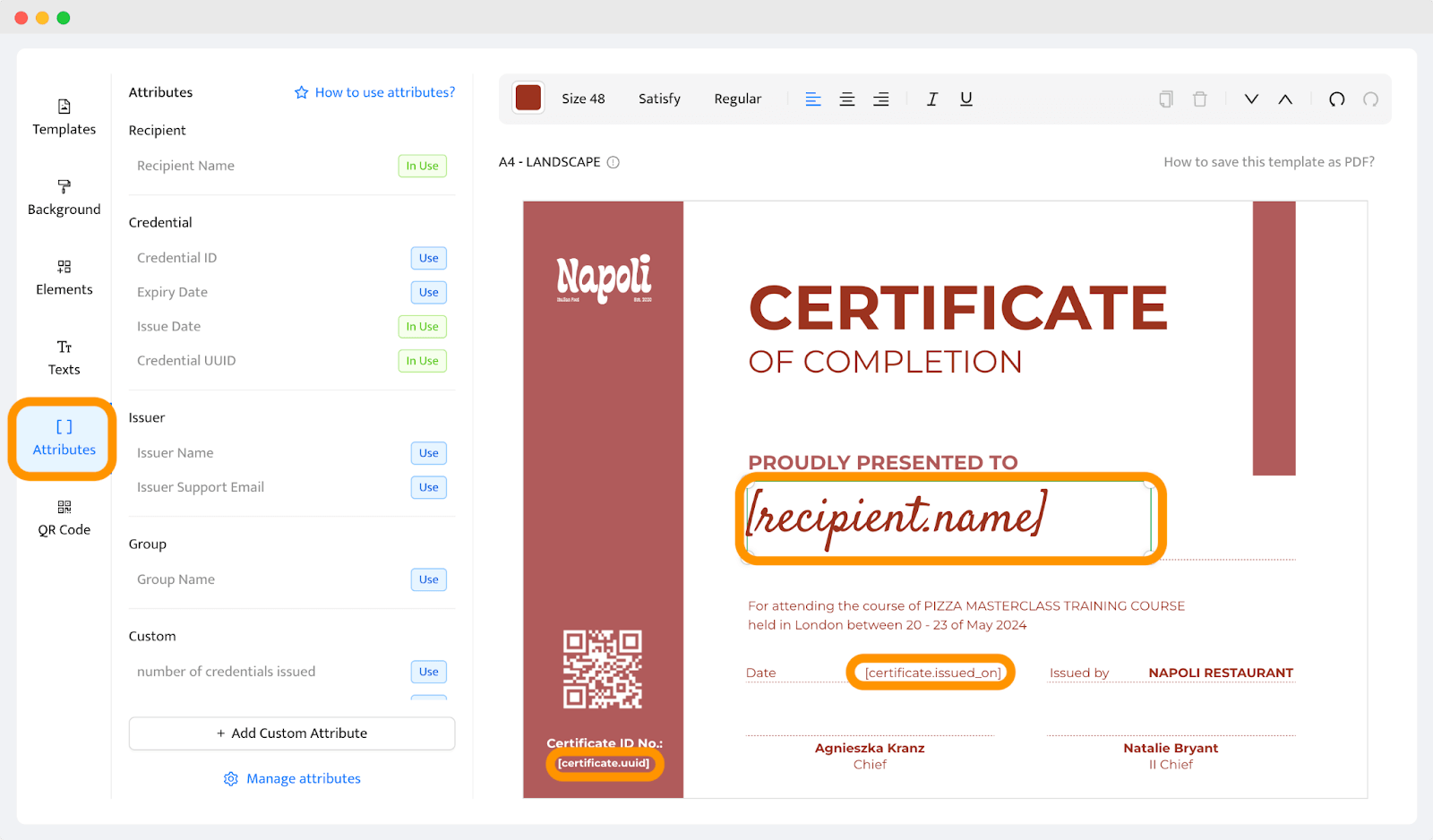 Adding dynamic attributes to the DIY certificate to personalize it with dynamic content. Adding dynamic attributes to the DIY certificate to personalize it with dynamic content.
