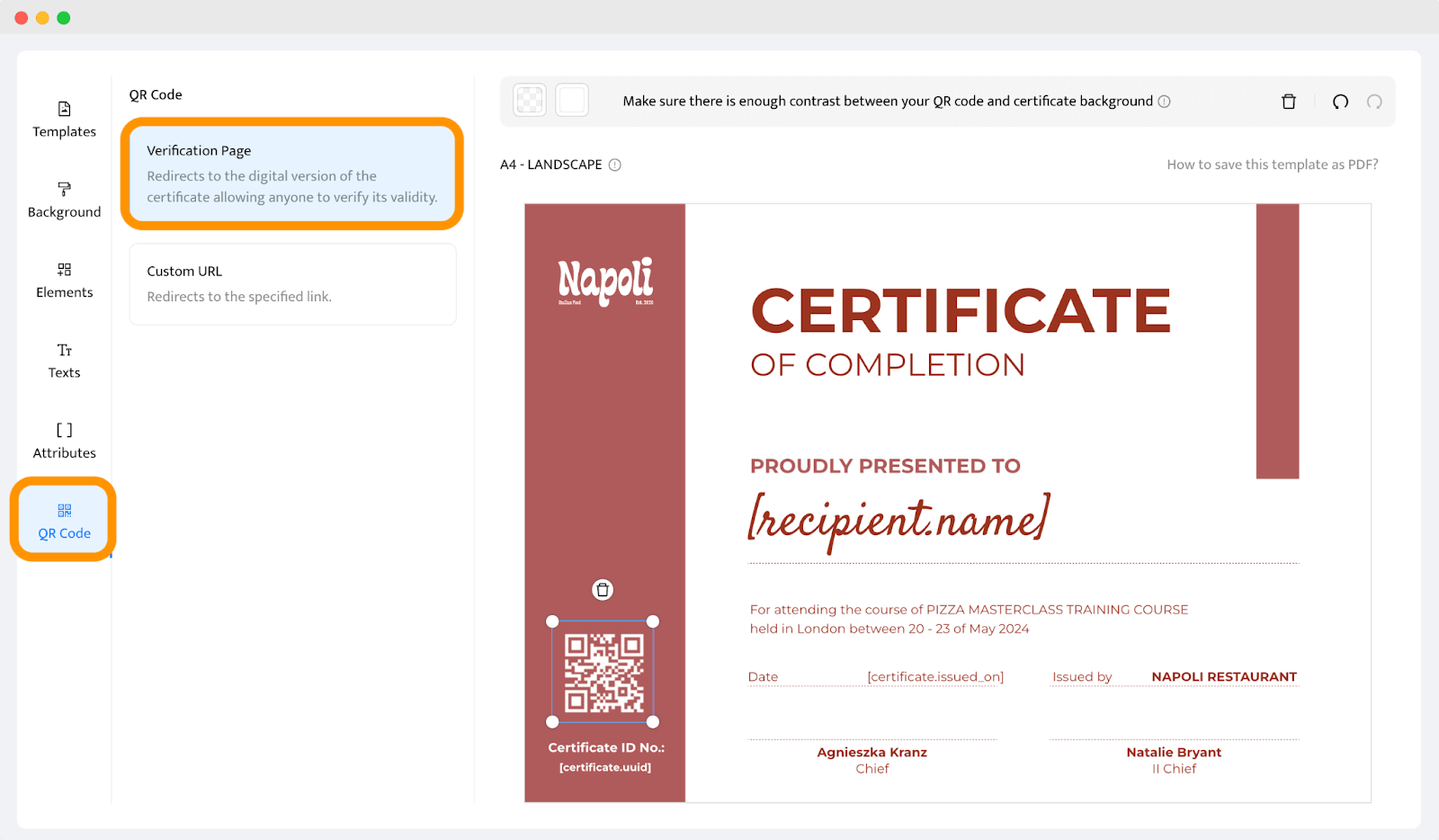 Adding a QR code to add the extra layer of verification to DIY certificates with Certifier. Adding a QR code to add the extra layer of verification to DIY certificates with Certifier.