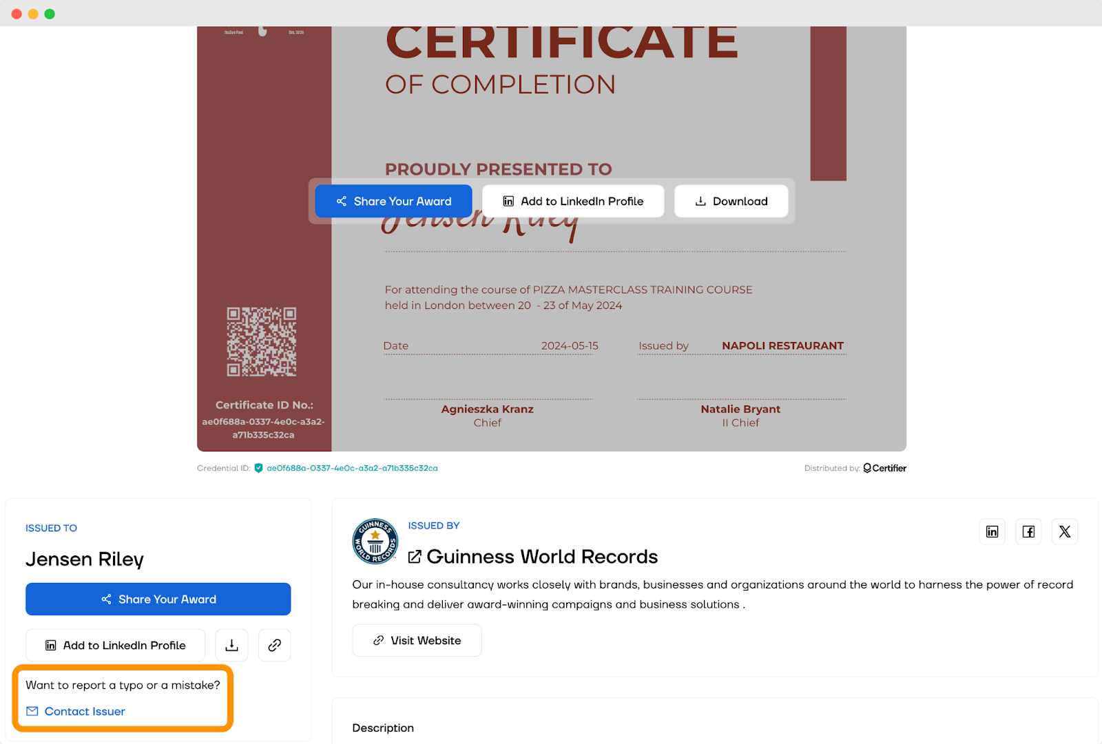 The digital wallet with the option to report a typo or mistake on the homemade certificate template. The digital wallet with the option to report a typo or mistake on the homemade certificate template.