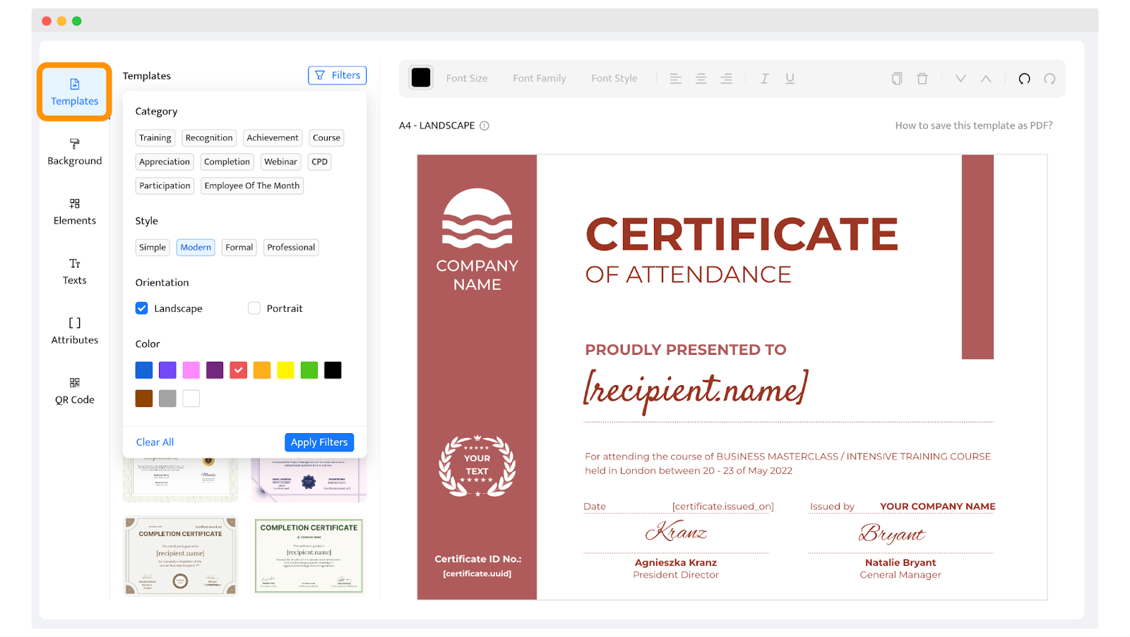 Changing the colors and adjusting the DIY certificate design template within the Certifier’s editor. Changing the colors and adjusting the DIY certificate design template within the Certifier’s editor.