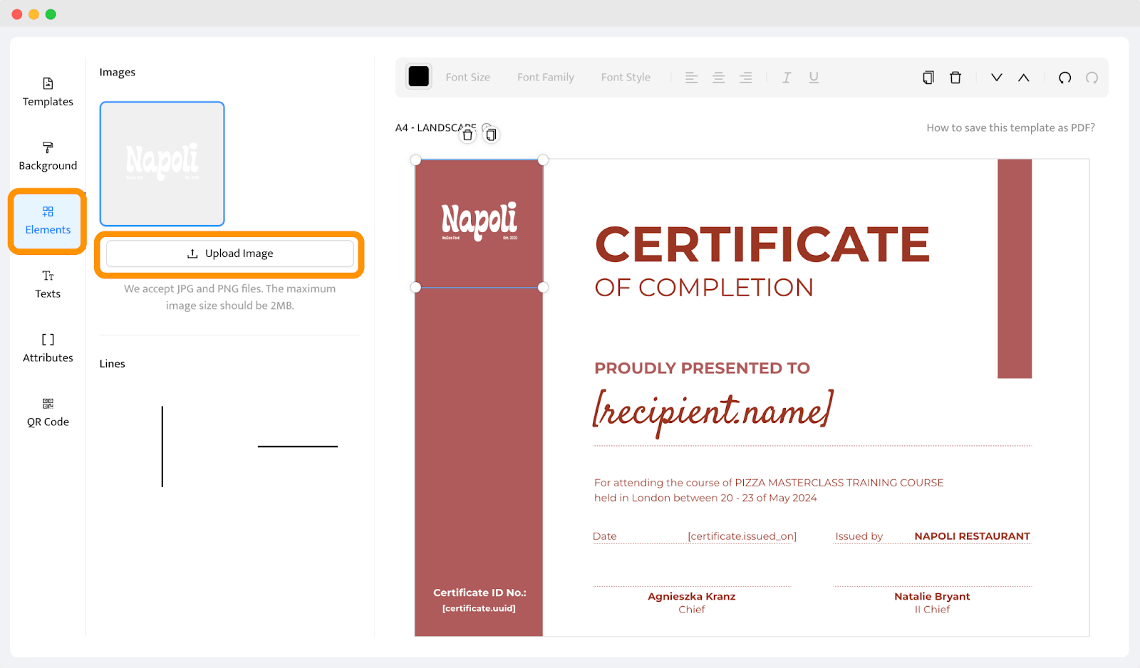 Uploading an image to the Certifier editor to upload the company’s logo. Uploading an image to the Certifier editor to upload the company’s logo.