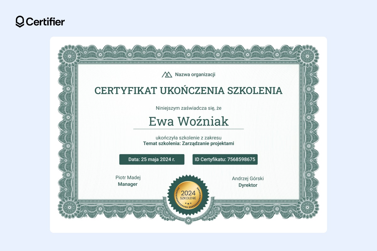Tradycyjny certyfikat ukończenia szkolenia Tradycyjny certyfikat ukończenia szkolenia