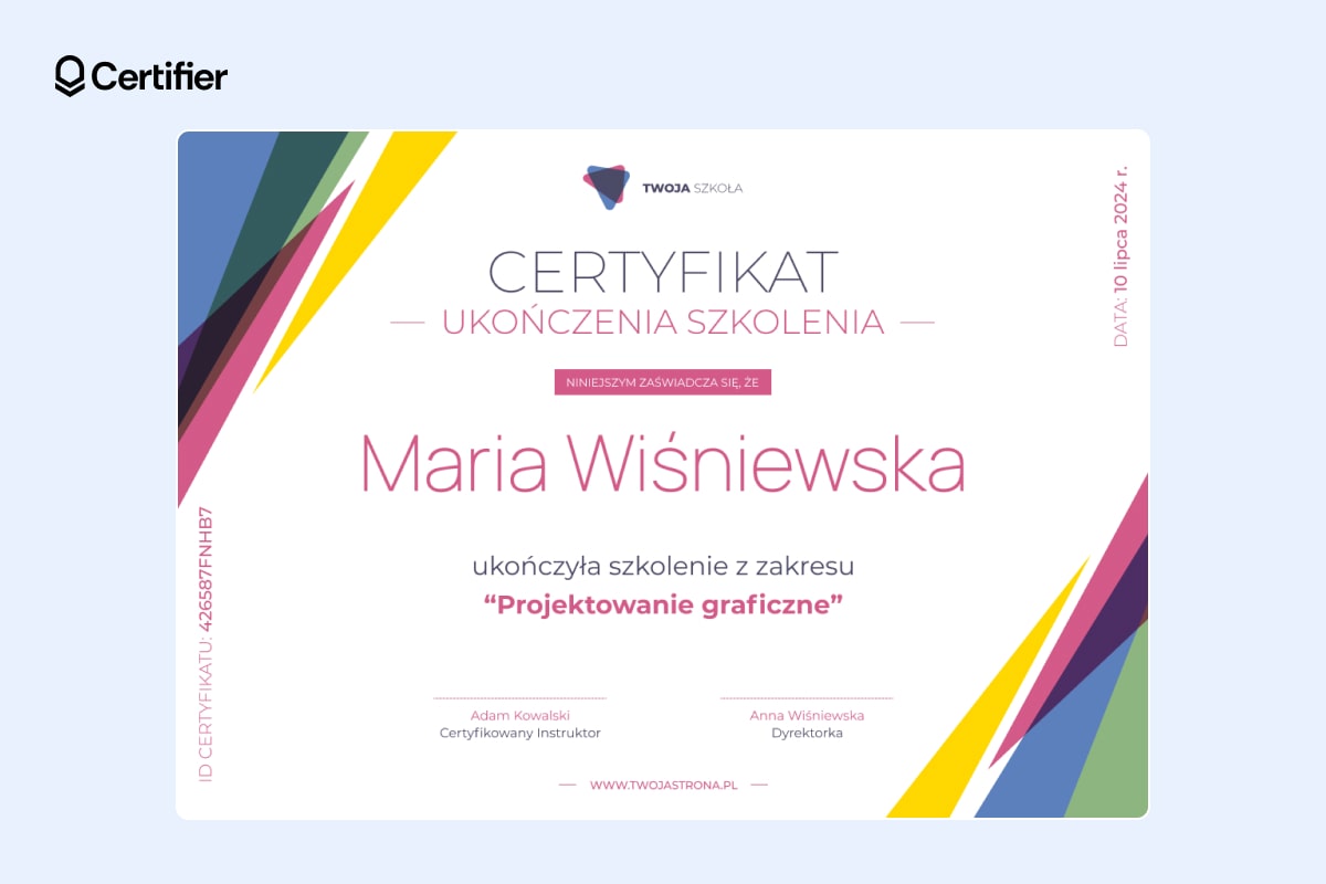 Kolorowy wzór certyfikatu szkolenia Kolorowy wzór certyfikatu szkolenia